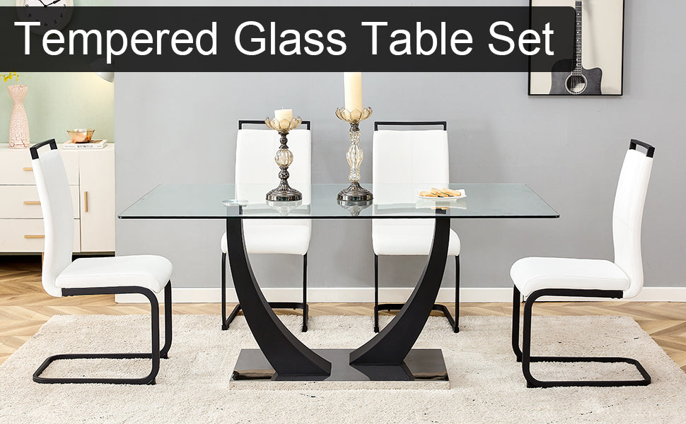 Table And Chair Set. Modern Rectangular Tempered Glass Tabletop, Black Metal Bracket Dining Table, 4 Modern Pu Artificial Leather High Backrest Soft Cushioned Dining Chairs, C Shaped Tube Metal Leg White Seats 4 Glass