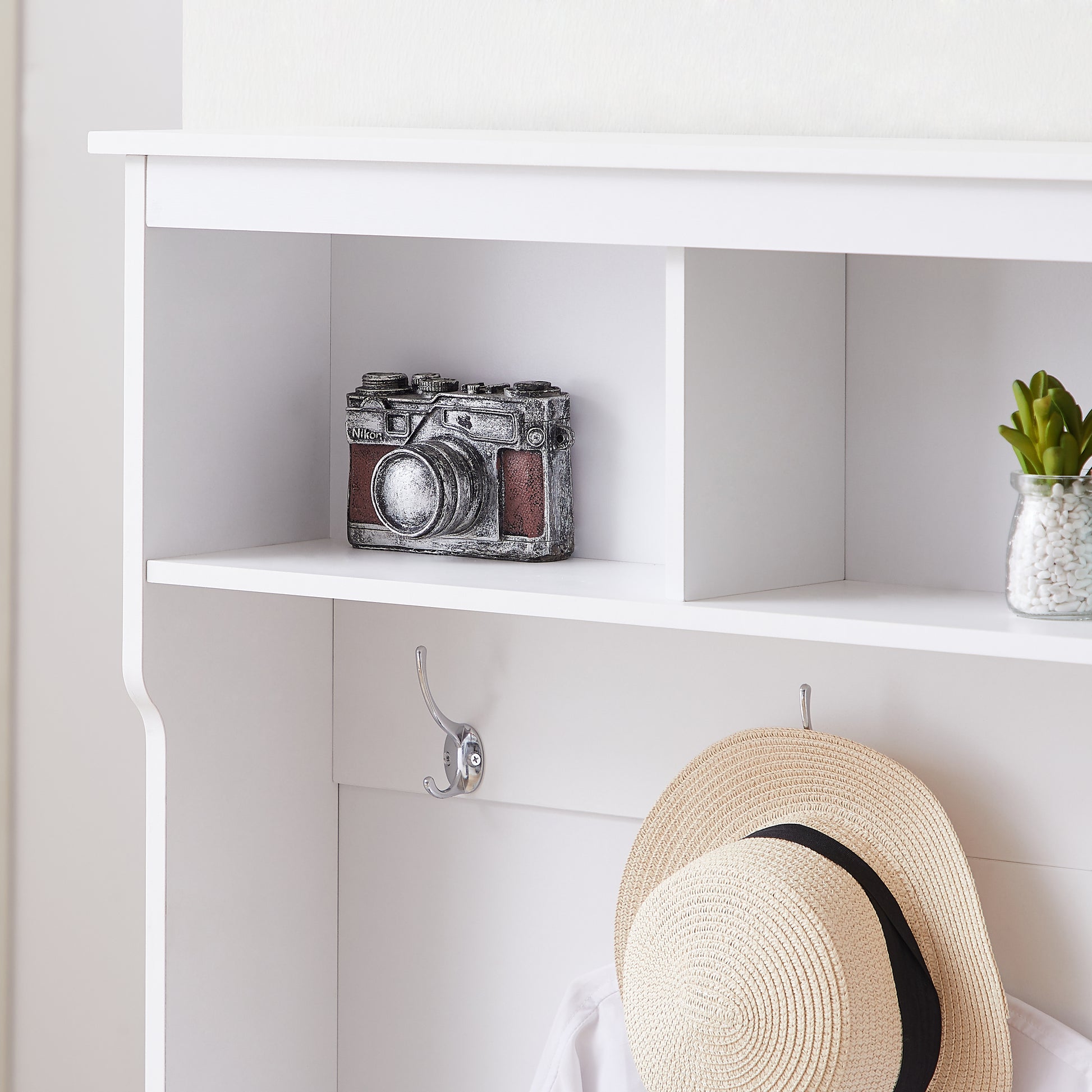 Hall Tree Entryway Bench With Coat Rack, With Shoe Cubbies For Bedroom, White, 59.8'' W X 15.8'' D X 76.8''H. White Particle Board