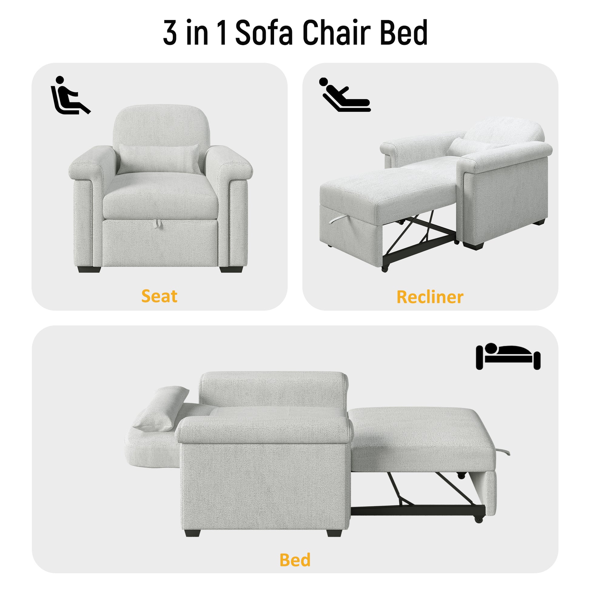 3 In 1 Convertible Sleeper Chair Sofa Bed Pull Out Couch Adjustable Chair With Pillow, Adjust Backrest Into A Sofa, Lounger Chair, Single Bed Or Living Room Or Apartment, Beige Beige Polyester