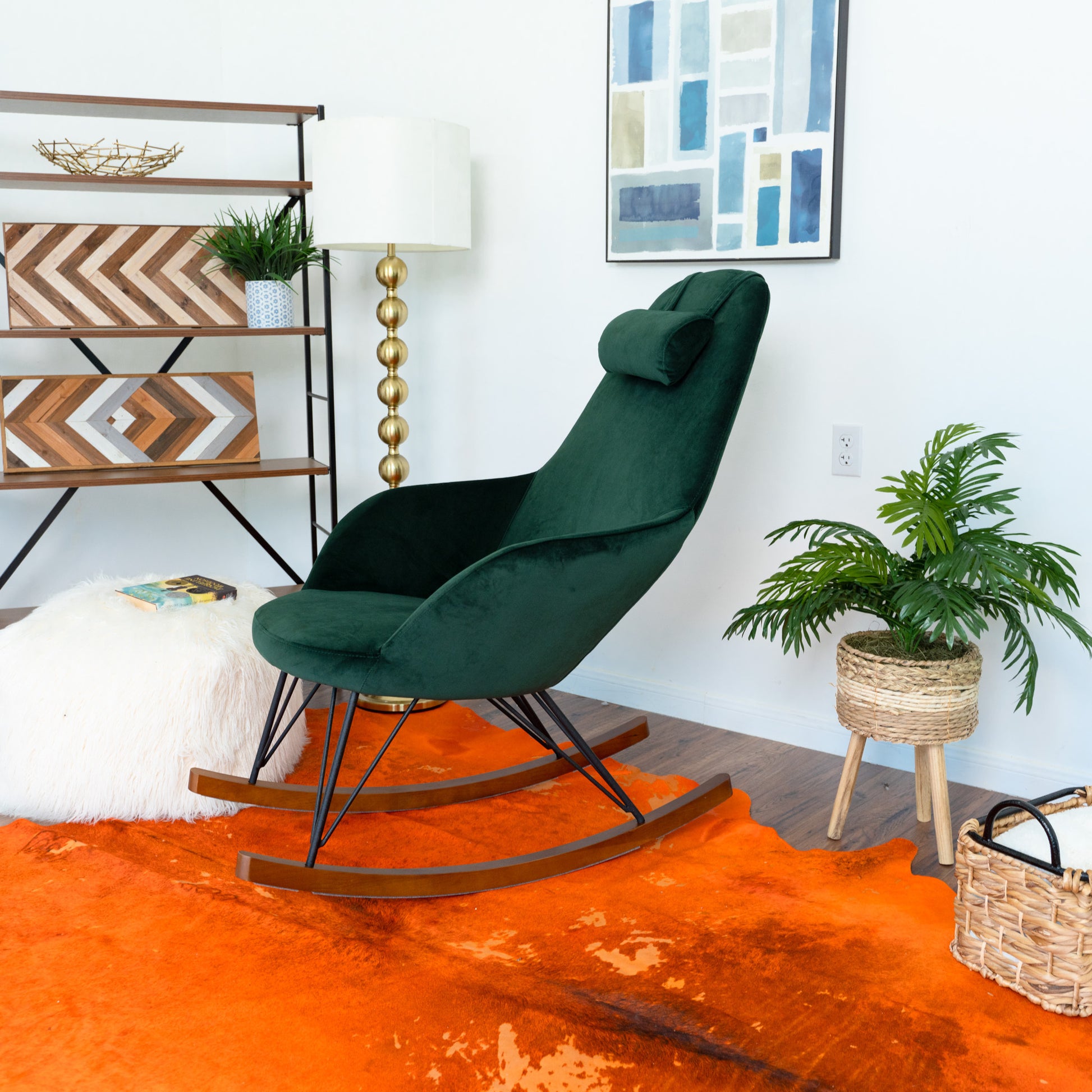 Chloe Mid Century Modern Rocker Livingroom And Bedroom Chair Green Velvet