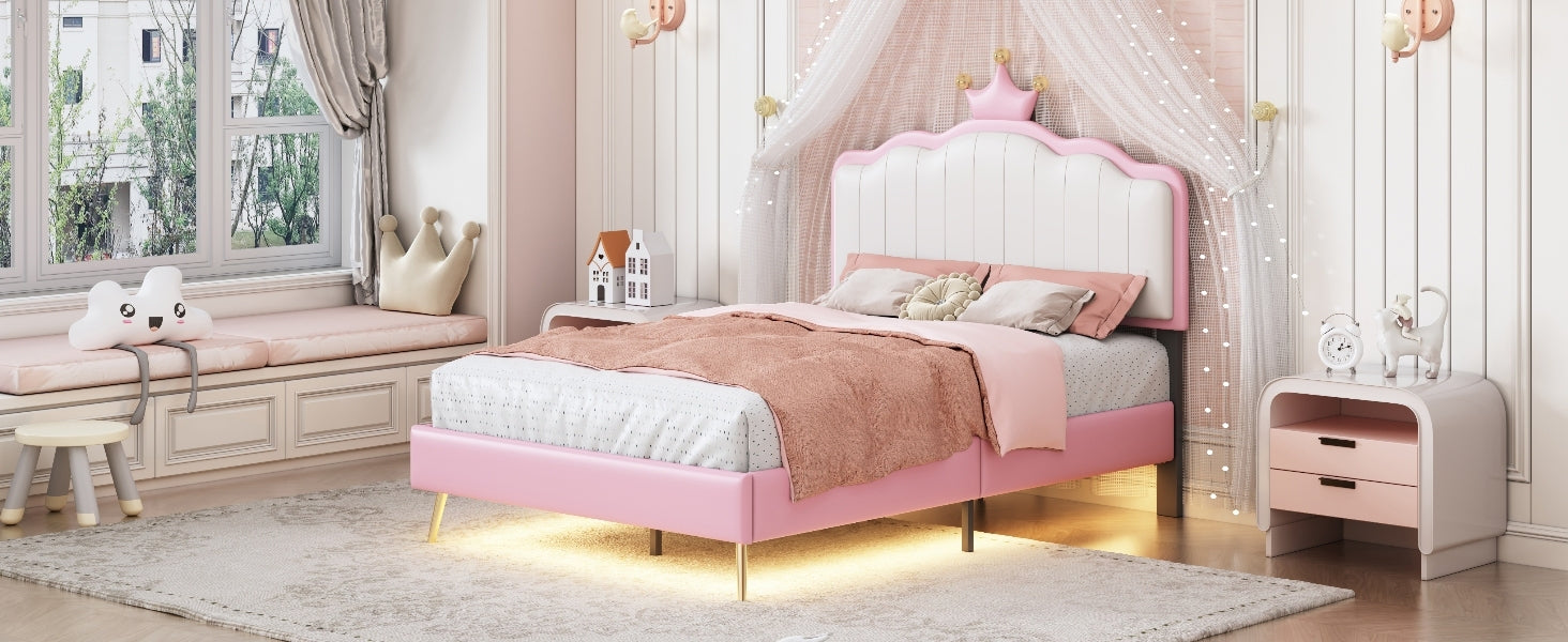 Twin size Upholstered Princess Bed With Crown pink-pu