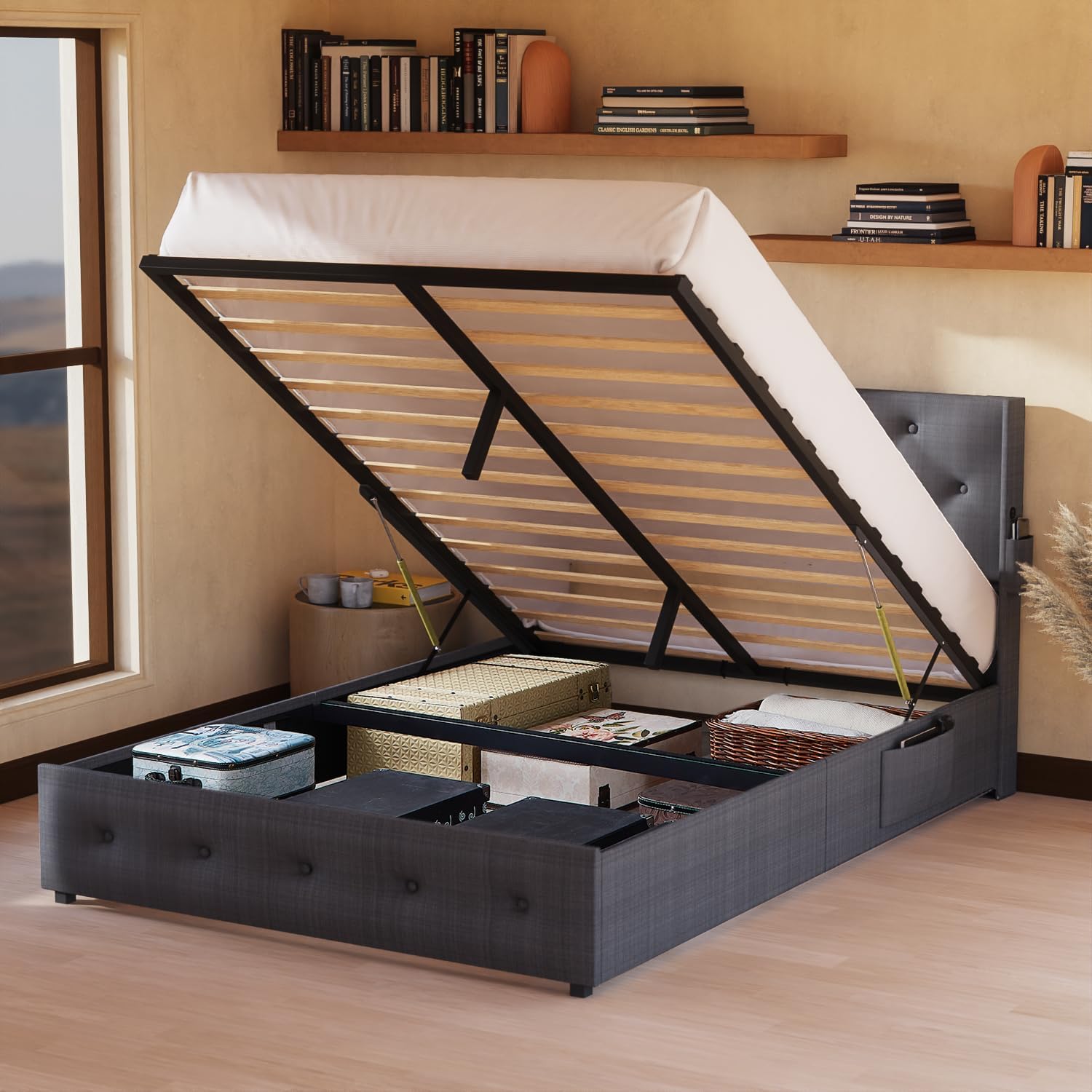 Queen Size Bed Frame With Storage Lift Up Storage Bed With Modern Wingback Headboard, Usb Ports Box Spring Not Required Queen Dark Gray Metal Bedroom Contemporary Bed Frame Foam Linen Upholstered