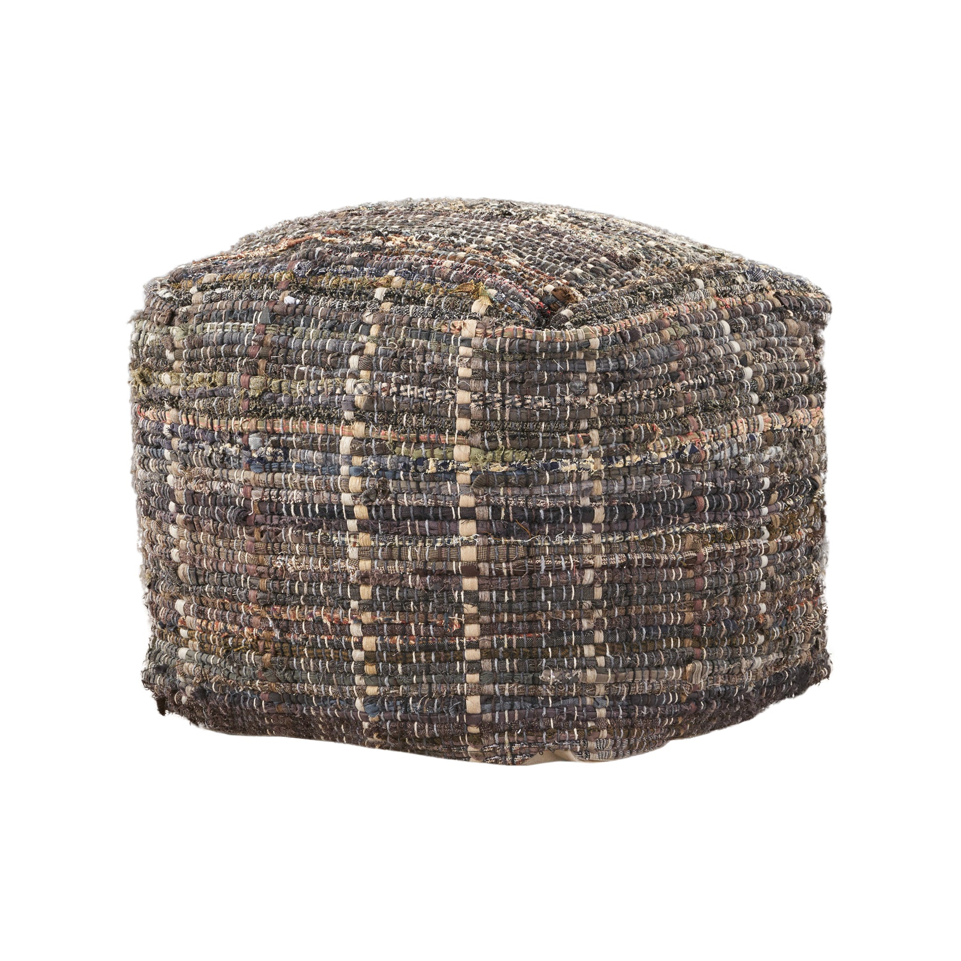 Koki Handcrafted Fabric Pouf, Khaki Khaki Fabric