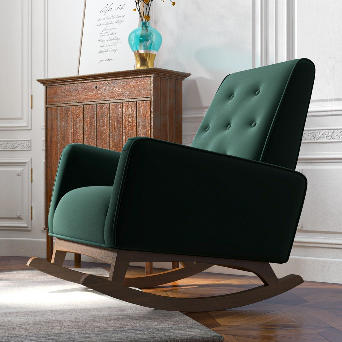 Demetrius Solid Wood Rocking Chair Green Velvet