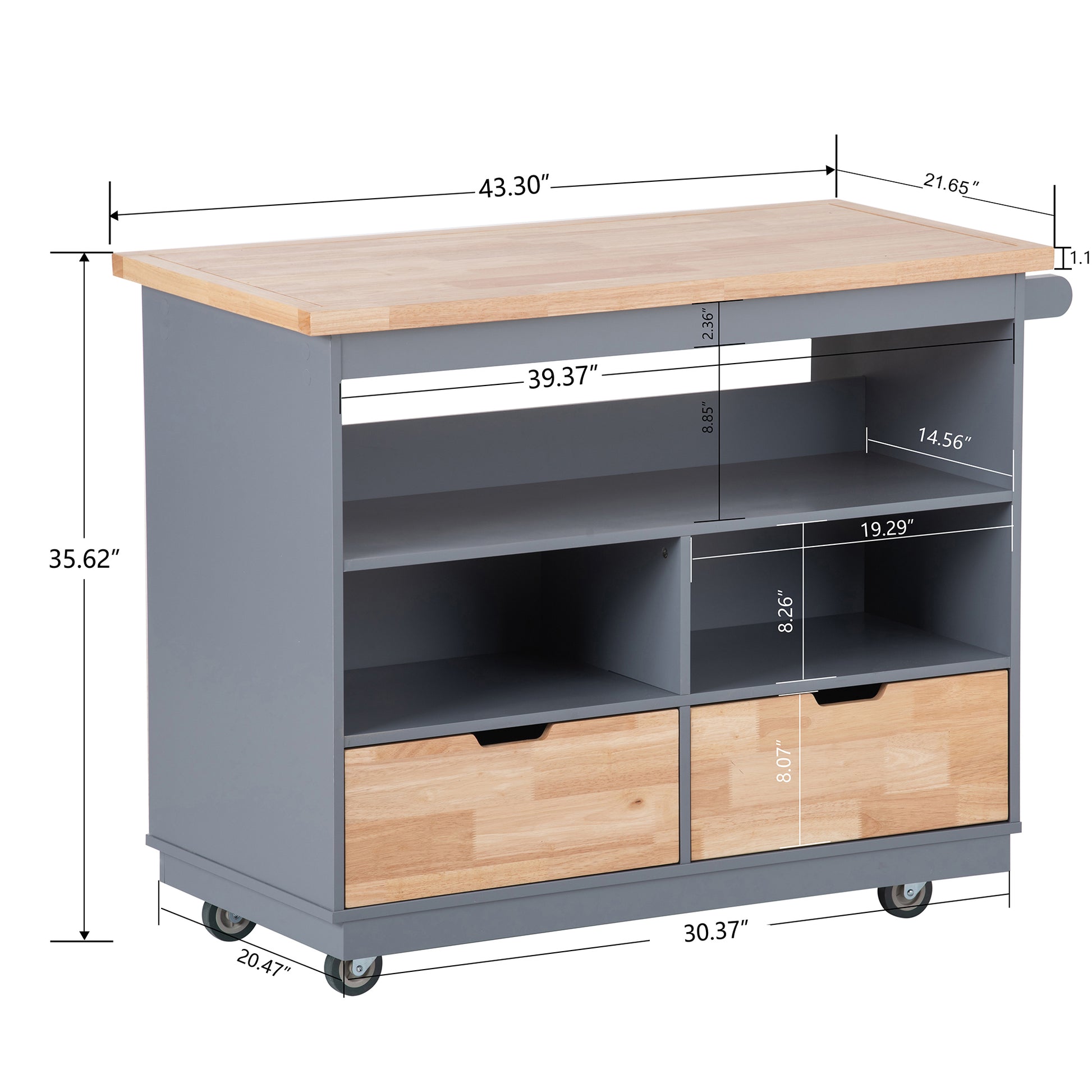 Rolling Kitchen Island With Storage, Two Sided Kitchen Island Cart On Wheels With Wood Top, Wine And Spice Rack, Large Kitchen Cart With 2 Drawers, 3 Open Compartments, Grey Blue Blue Kitchen Classic,French,Mid Century Modern,Modern,Rustic Rectangular