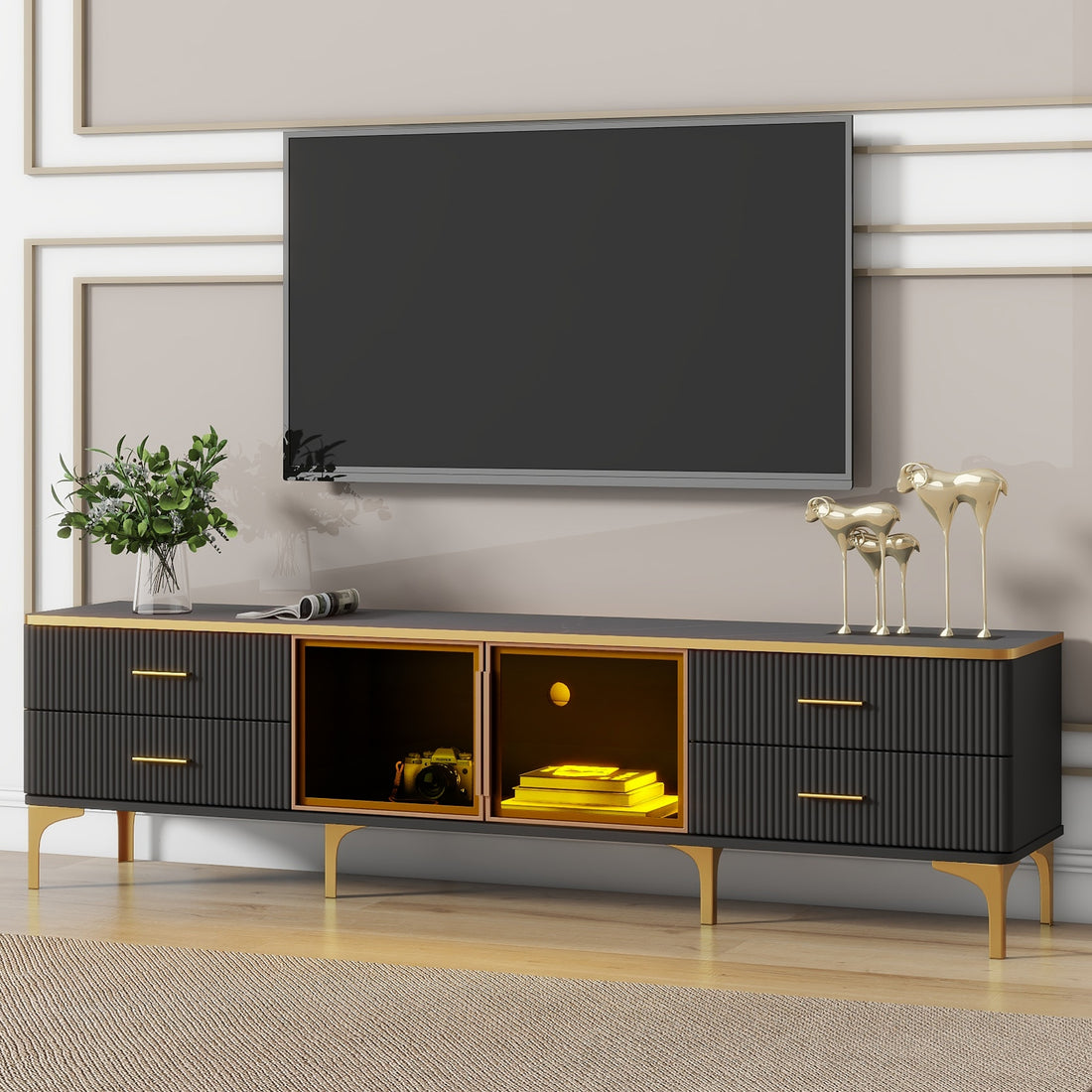 Stylish Led Tv Stand With Marble Veined Table Top For Tvs Up To 78'', Entertainment Center With Brown Glass Storage Cabinet, Golden Legs & Handles For Living Room, Black Gold Black Primary Living Space 70 79 Inches 70 79 Inches Particle Board