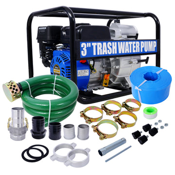 Trash Pump 3 Inch, 209Cc 7Hp 4 Stroke Ohv Engine, Gas Powered Full Trash Water Pump 50 Ft Discharge Hose, 12 Ft Suction Hose With Complete Fittings,Epa Compliant Black Blue Steel