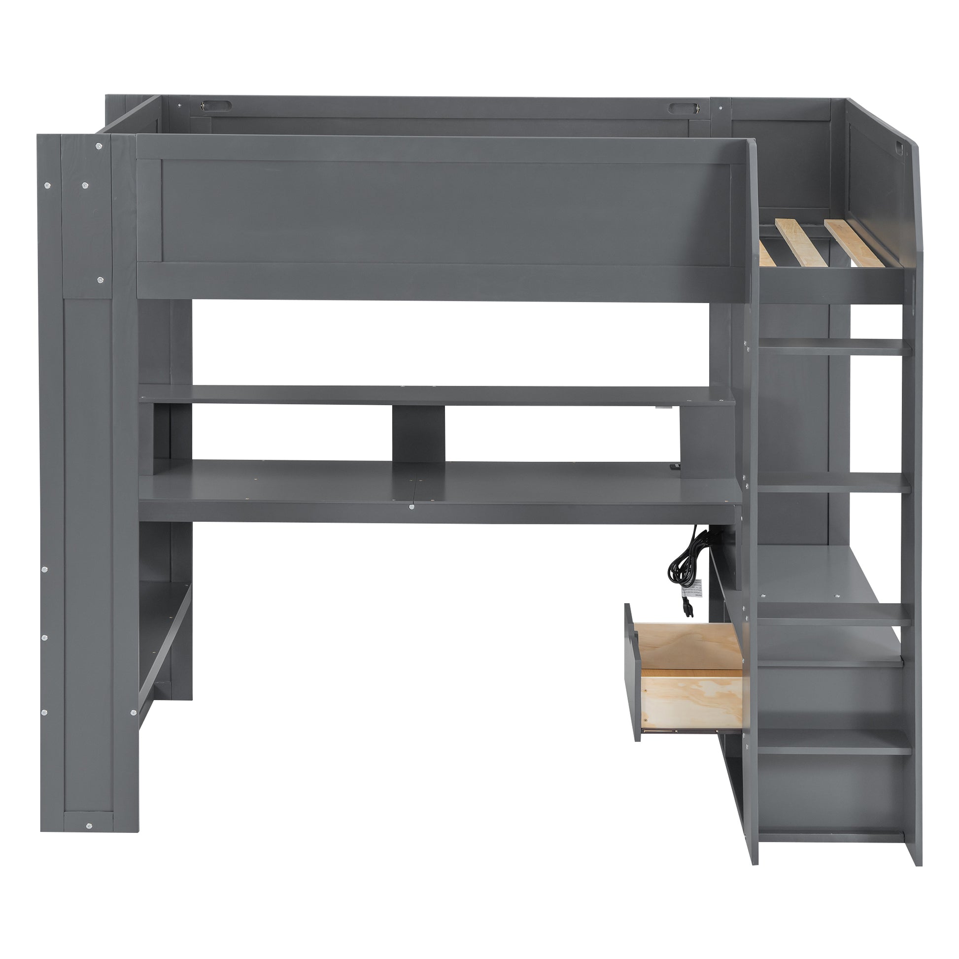 Wood Twin Size Gaming Loft Bed With Desk, Multi Storage Shelves, Led And Charging Station, Dark Gray Box Spring Not Required Twin Dark Gray Wood Bedroom Bed Frame Solid Wood Mdf