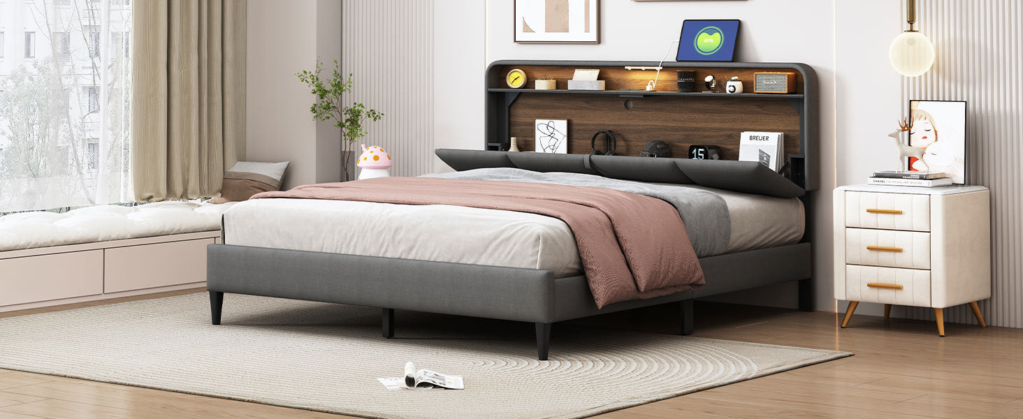 Queen size Upholstered Platform Bed with Storage gray-linen
