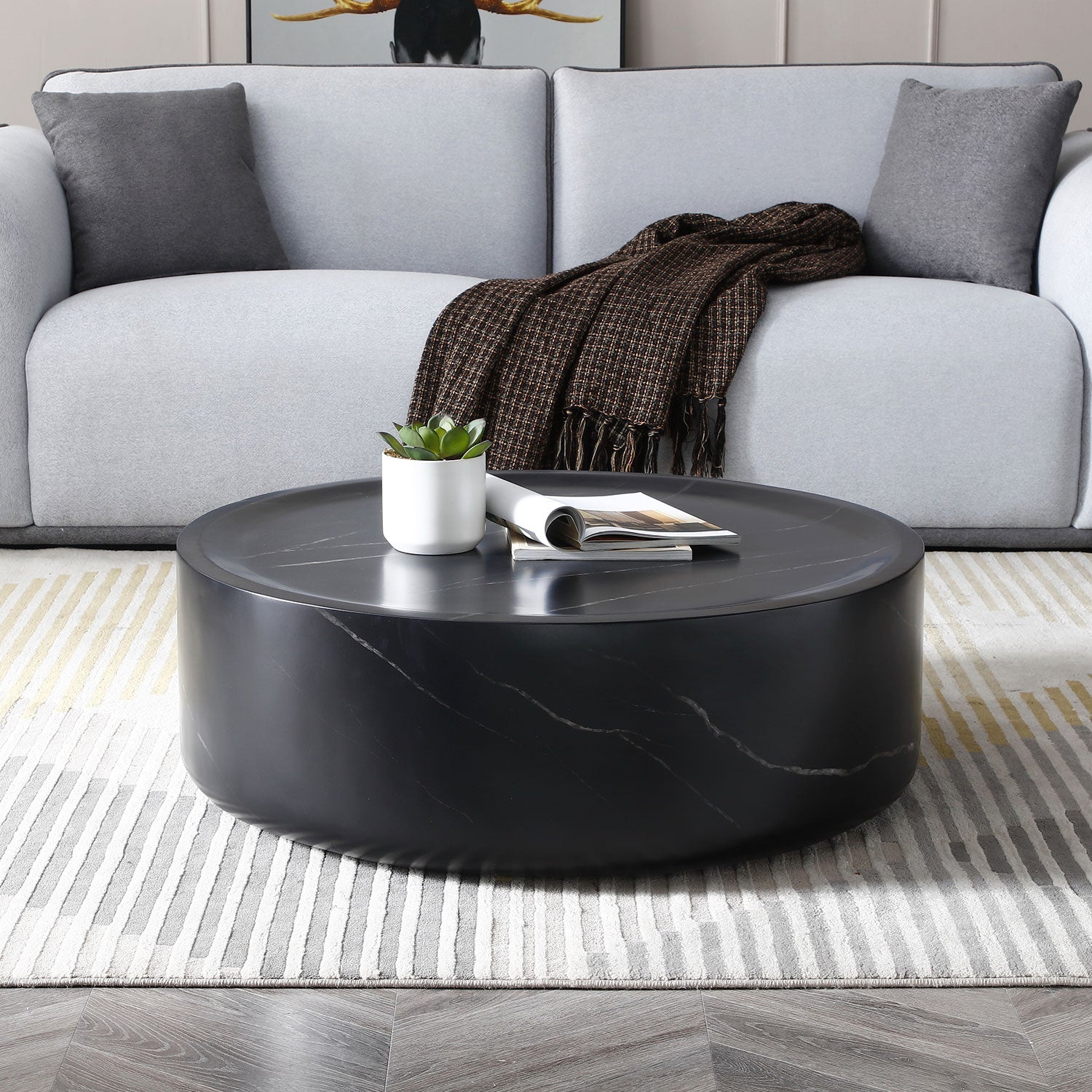 35.43'' Black Marble Round Coffee Table,Simple Modern Center Cocktail Table For Living Room Office,No Need Assembly. Black Fiberglass