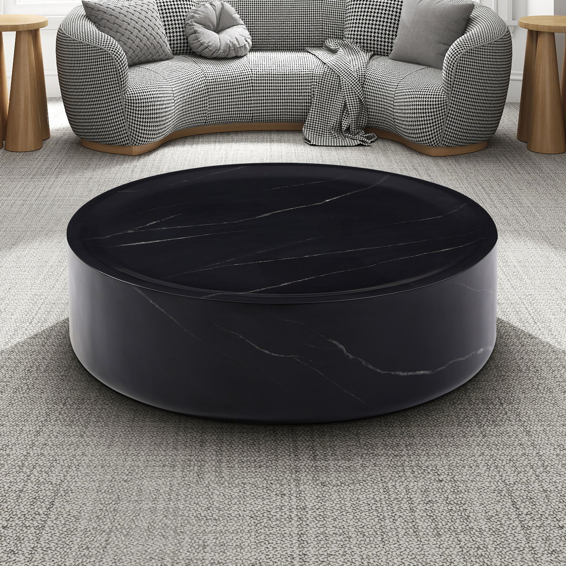 39.37'' Black Marble Round Coffee Table Sturdy Fiberglass Table For Living Room ,No Need Assembly. Black Fiberglass