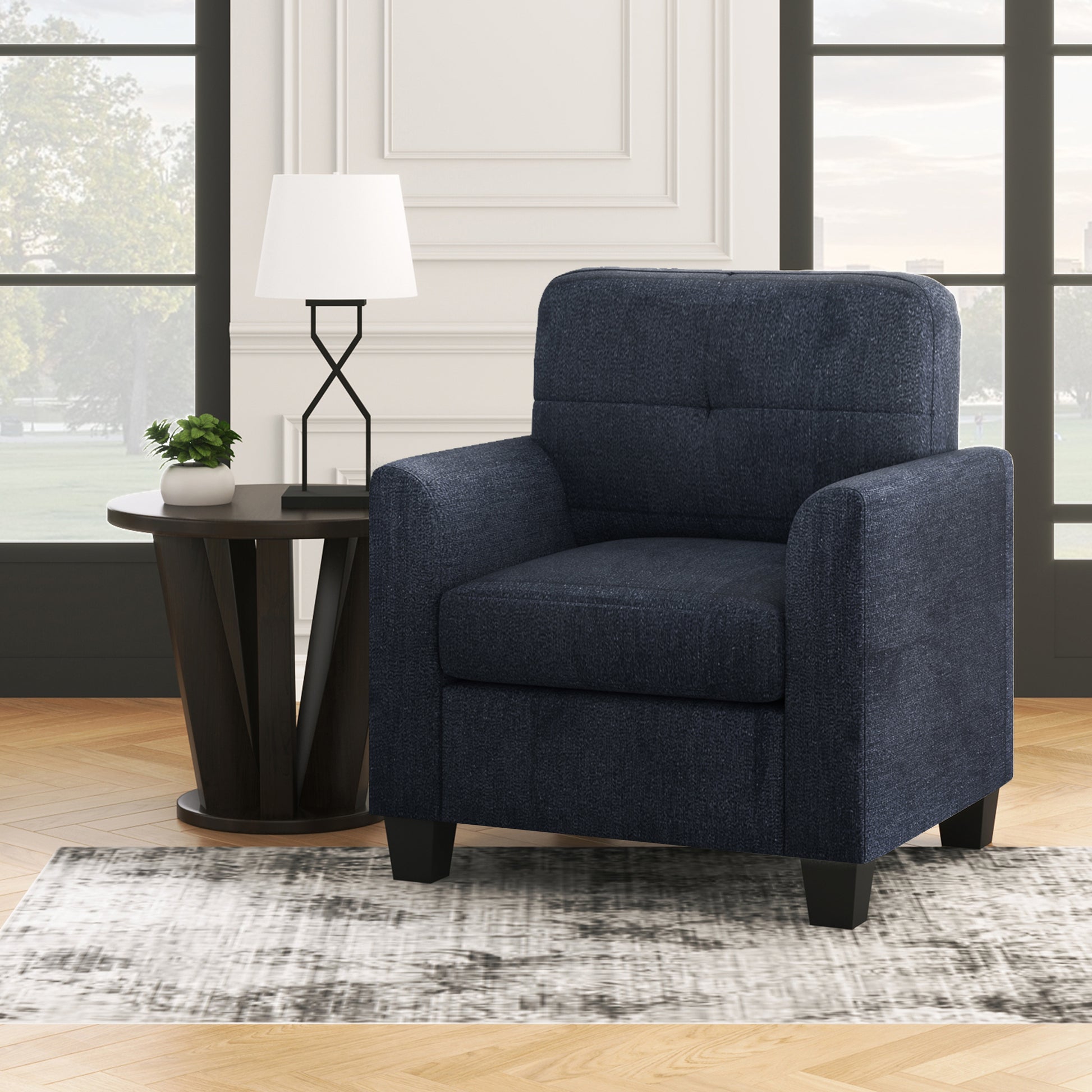 Mid Century Modern Accent Chair Cozy Armchair Button Tufted Back And Wood Legs For Living Room, Office Room, Dark Blue Dark Blue Primary Living Space Polyester