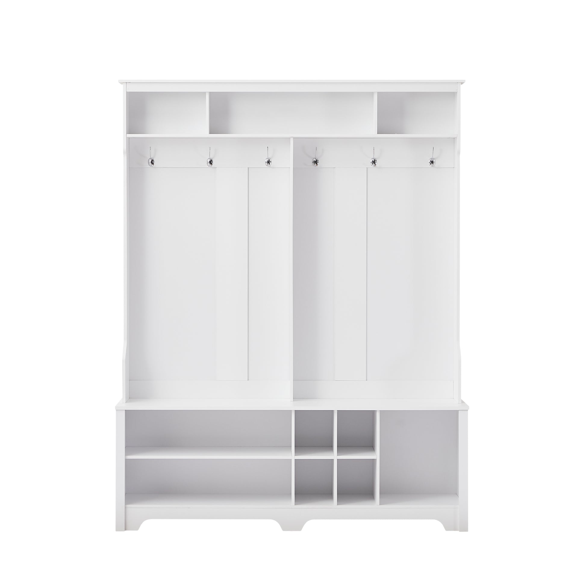 Hall Tree Entryway Bench With Coat Rack, With Shoe Cubbies For Bedroom, White, 59.8'' W X 15.8'' D X 76.8''H. White Particle Board