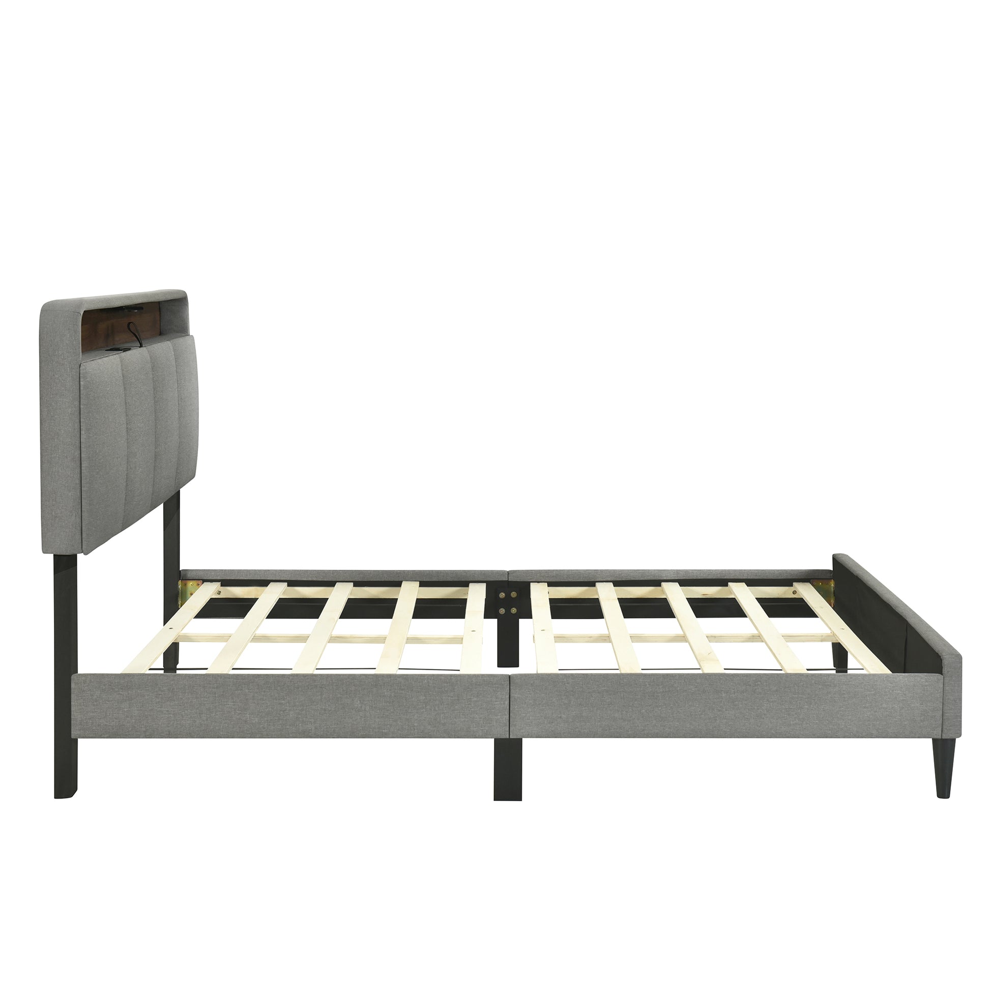 Queen Size Upholstered Platform Bed With Storage Headboard, Sensor Light And A Set Of Sockets And Usb Ports, Linen Fabric, Gray Gray Linen