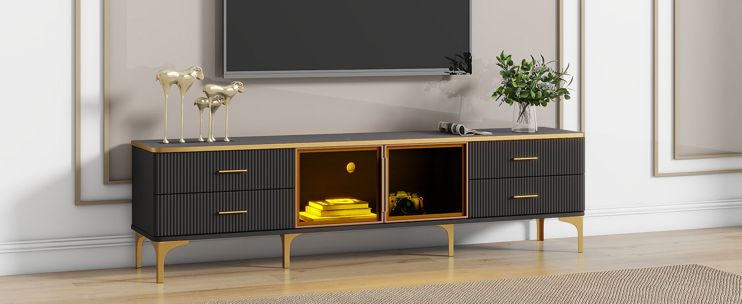 Stylish Led Tv Stand With Marble Veined Table Top For Tvs Up To 78'', Entertainment Center With Brown Glass Storage Cabinet, Golden Legs & Handles For Living Room, Black Gold Black Primary Living Space 70 79 Inches 70 79 Inches Particle Board