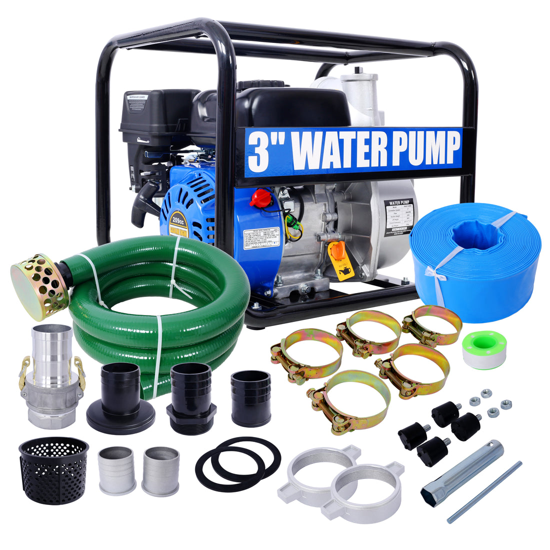 Semi Trash Pump 3 Inch, 209Cc 7Hp 4 Stroke Ohv Engine, Gas Powered Semi Trash Water Pump 50 Ft Discharge Hose, 12 Ft Suction Hose With Complete Fittings,Epa Compliant Black Blue Steel
