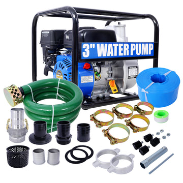 Semi Trash Pump 3 Inch, 209Cc 7Hp 4 Stroke Ohv Engine, Gas Powered Semi Trash Water Pump 50 Ft Discharge Hose, 12 Ft Suction Hose With Complete Fittings,Epa Compliant Black Blue Steel