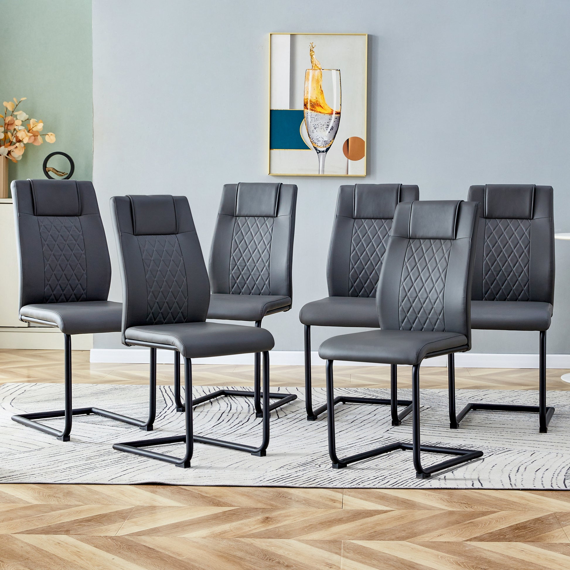 Modern Dining Chair With Faux Leather Cushioned Seats Dining Chair With Metal Legs, Suitable For Kitchen, Living Room, Bedroom, Dining Room Side Chairs, Set Of 6 Pieces Gray Pu Leather Gray Pu