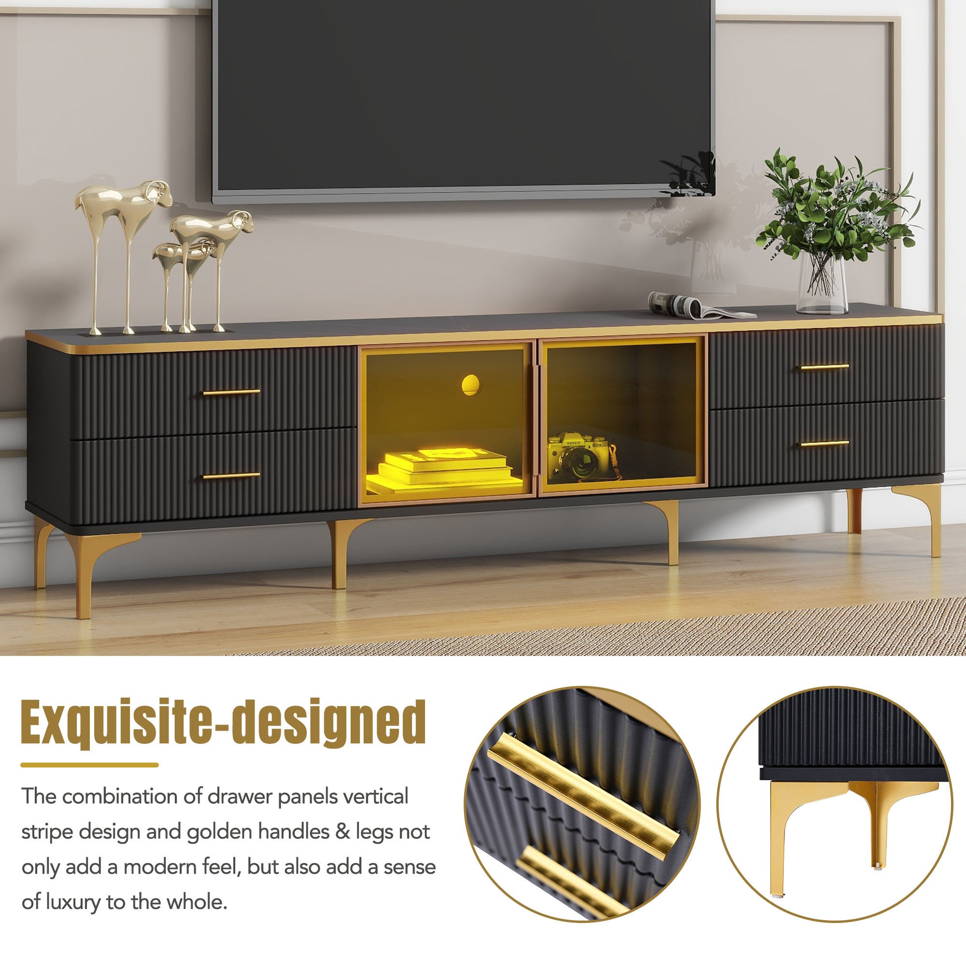 Stylish Led Tv Stand With Marble Veined Table Top For Tvs Up To 78'', Entertainment Center With Brown Glass Storage Cabinet, Golden Legs & Handles For Living Room, Black Gold Black Primary Living Space 70 79 Inches 70 79 Inches Particle Board