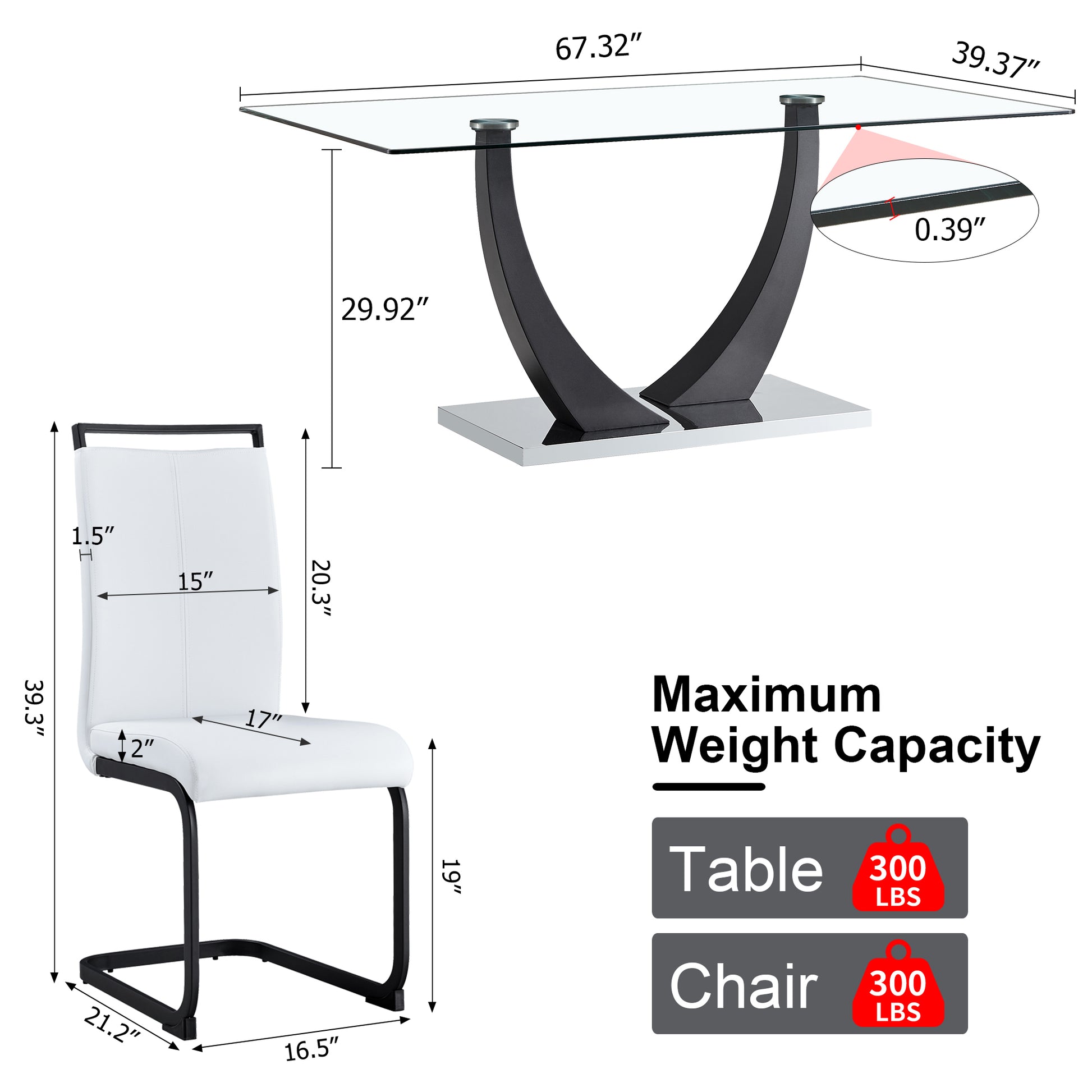 Table And Chair Set. Modern Rectangular Tempered Glass Tabletop, Black Metal Bracket Dining Table, 4 Modern Pu Artificial Leather High Backrest Soft Cushioned Dining Chairs, C Shaped Tube Metal Leg White Seats 4 Glass