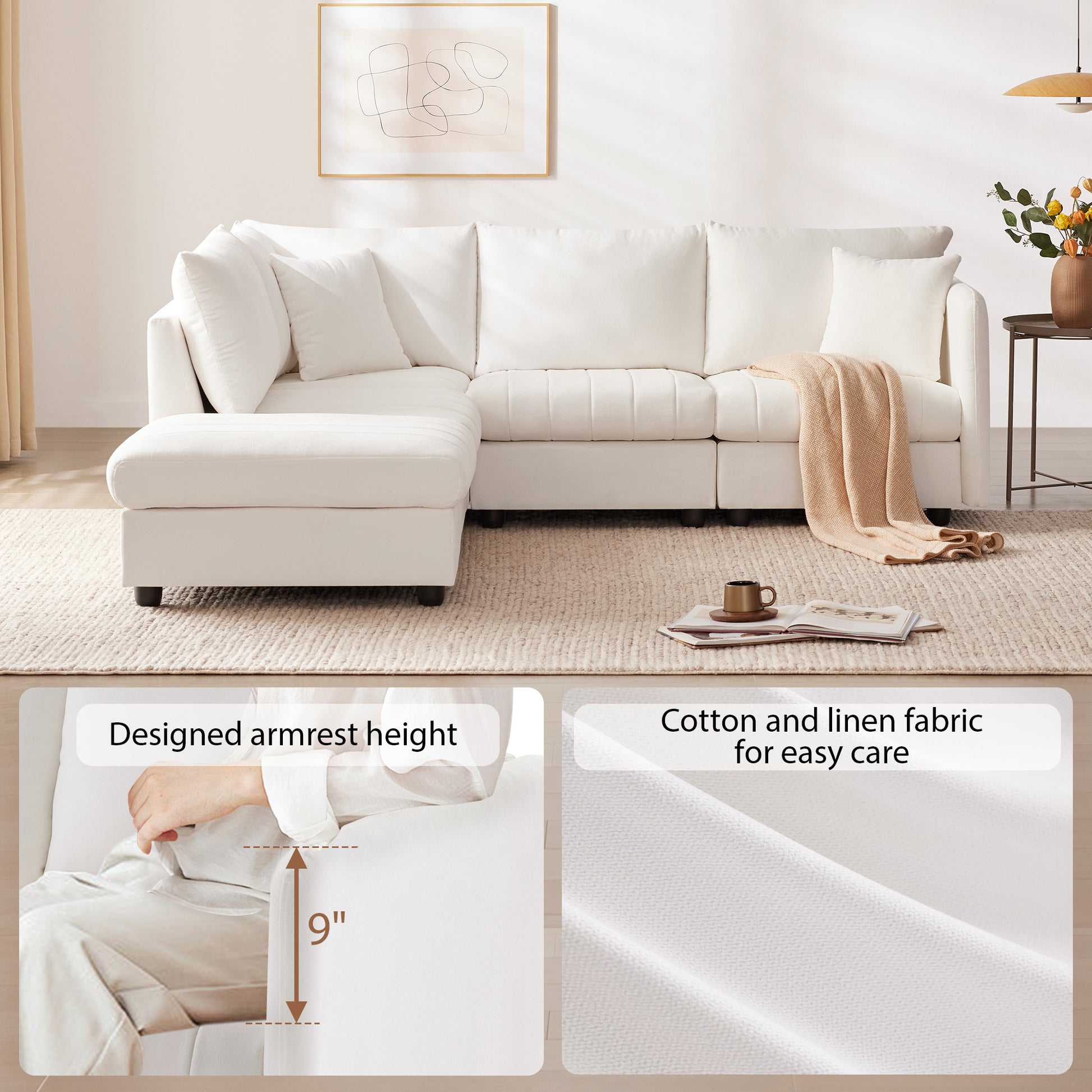 89*79"Modern Sectional Sofa With Vertical Stripes,2 Pillows,5 Seat Couch With Convertible Ottoman,Various Combinations,L Shape Indoor Furniture For Living Room,Apartment, 3 Colors White Fabric 5