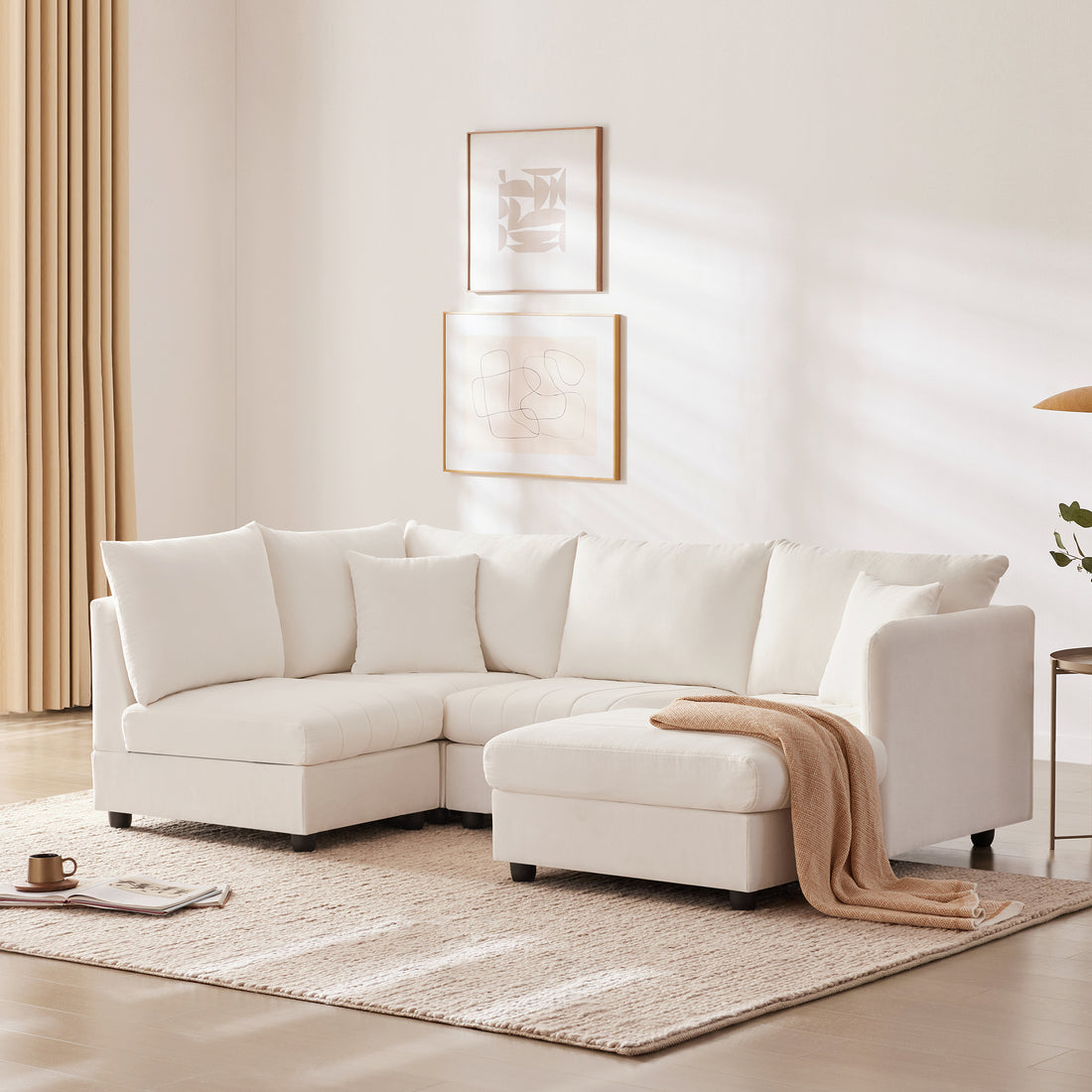 89*79"Modern Sectional Sofa With Vertical Stripes,2 Pillows,5 Seat Couch With Convertible Ottoman,Various Combinations,L Shape Indoor Furniture For Living Room,Apartment, 3 Colors White Fabric 5