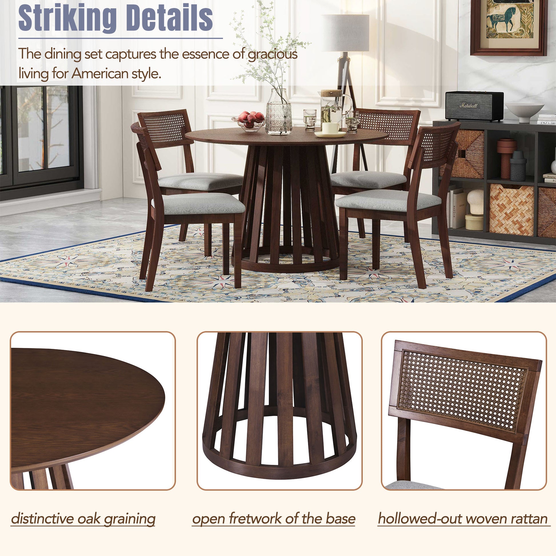 5 Piece Retro Dining Set With 1 Round Dining Table And 4 Upholstered Chairs With Rattan Backrests For Dining Room And Kitchen Walnut Walnut Solid Wood Mdf