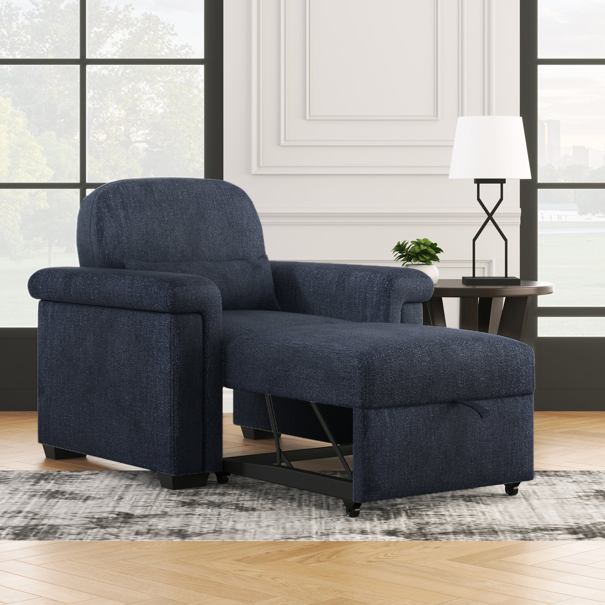 3 In 1 Convertible Sleeper Chair Sofa Bed Pull Out Couch Adjustable Chair With Pillow, Adjust Backrest Into A Sofa, Lounger Chair, Single Bed Or Living Room Or Apartment, Dark Blue Dark Blue Polyester
