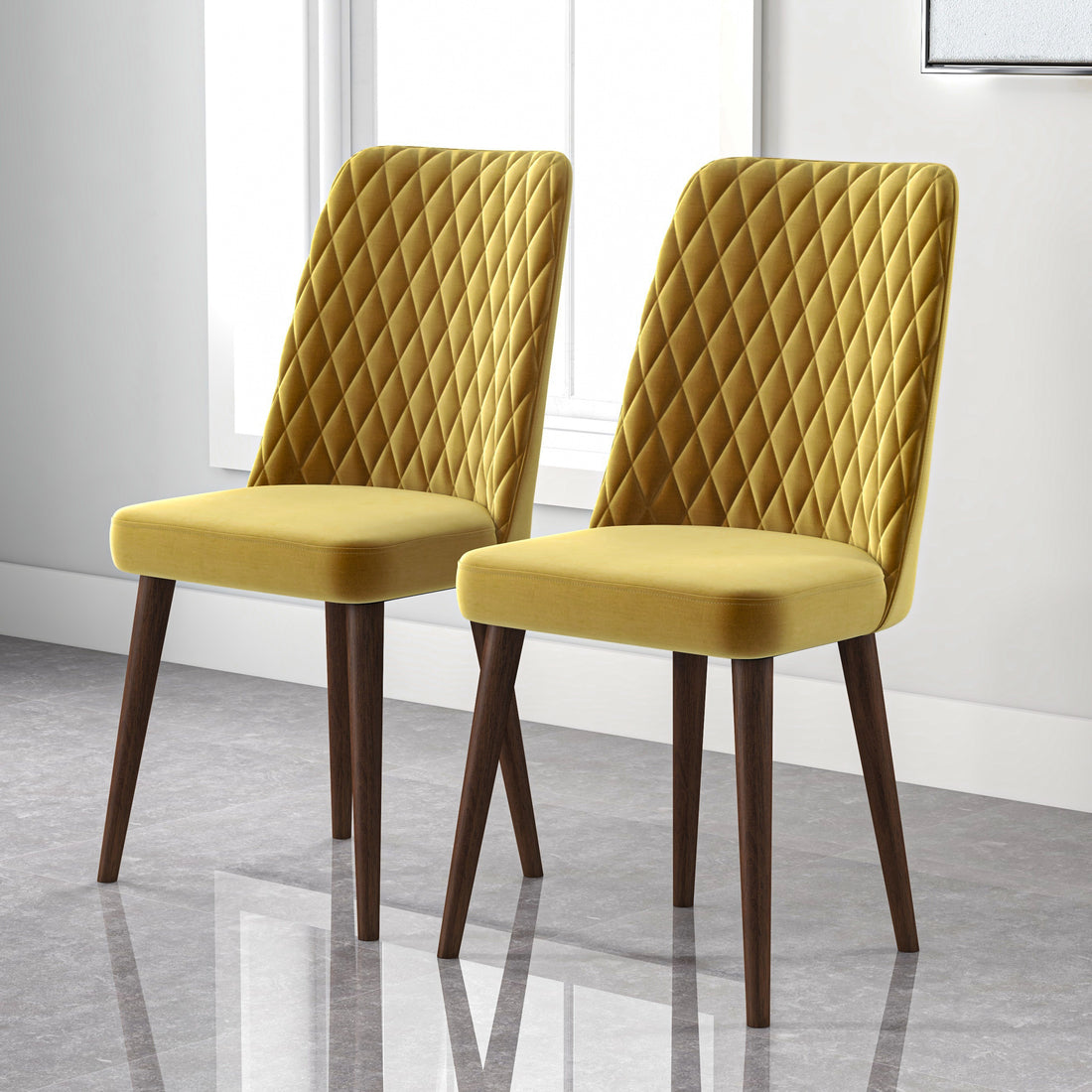 Katie Mid Century Modern Velvet Dining Chair Set Of 2 Yellow Velvet