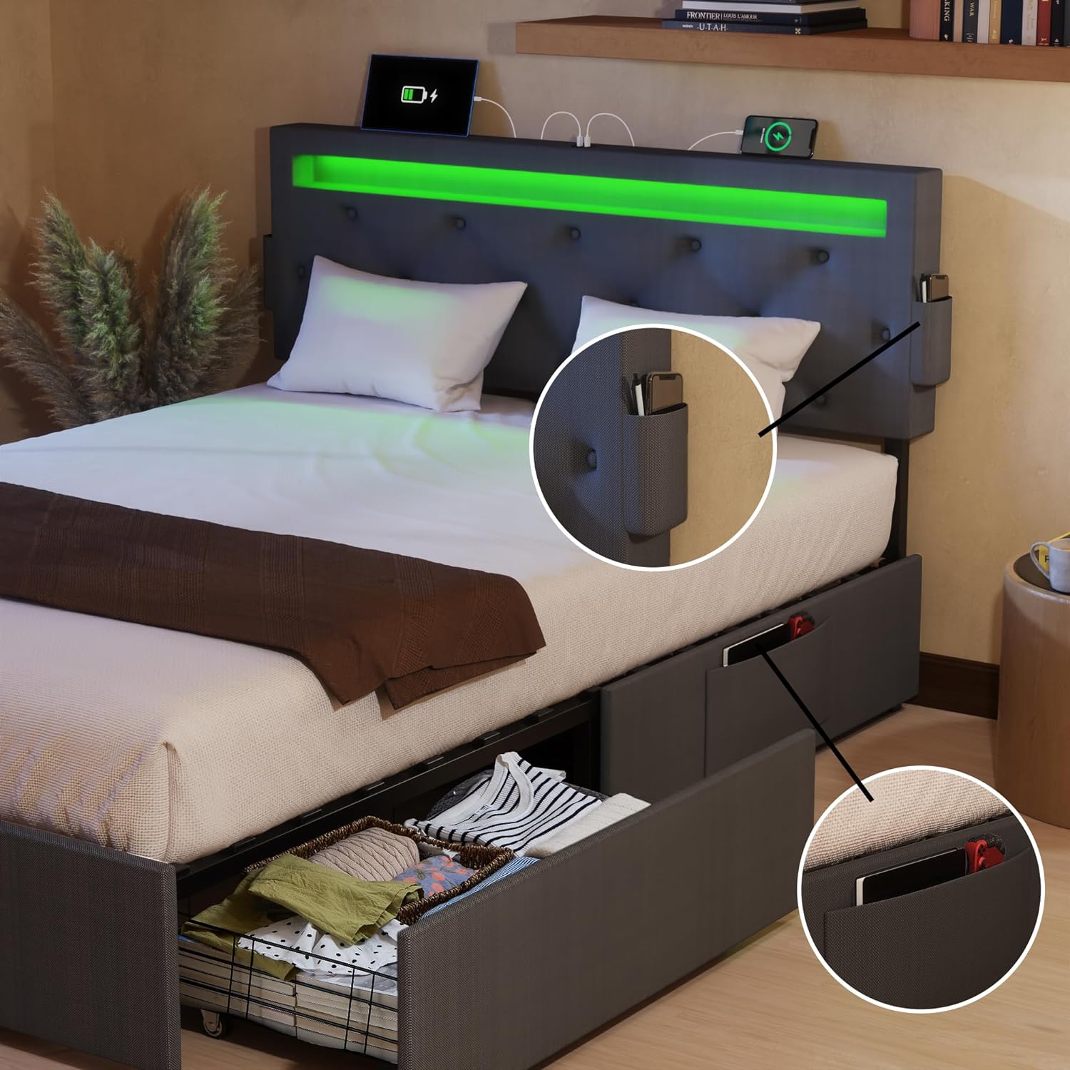 Queen Bed Frame With Usb Charging Station & Led Lights, Queen Bed Frame With Headboard & 4 Storage Drawers, D Box Spring Not Required Queen Dark Gray Metal Bedroom Contemporary Bed Frame Foam Linen Upholstered