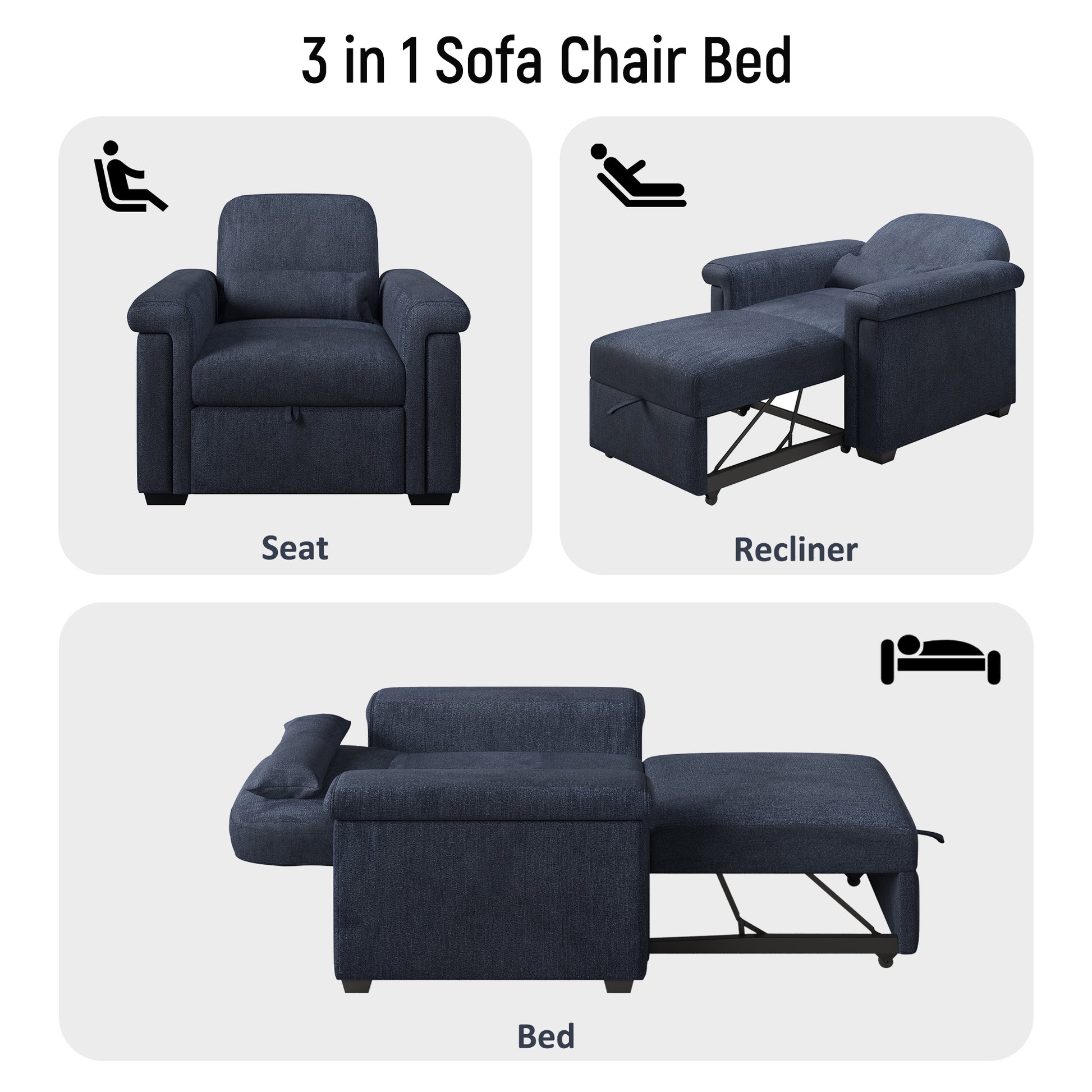 3 In 1 Convertible Sleeper Chair Sofa Bed Pull Out Couch Adjustable Chair With Pillow, Adjust Backrest Into A Sofa, Lounger Chair, Single Bed Or Living Room Or Apartment, Dark Blue Dark Blue Polyester
