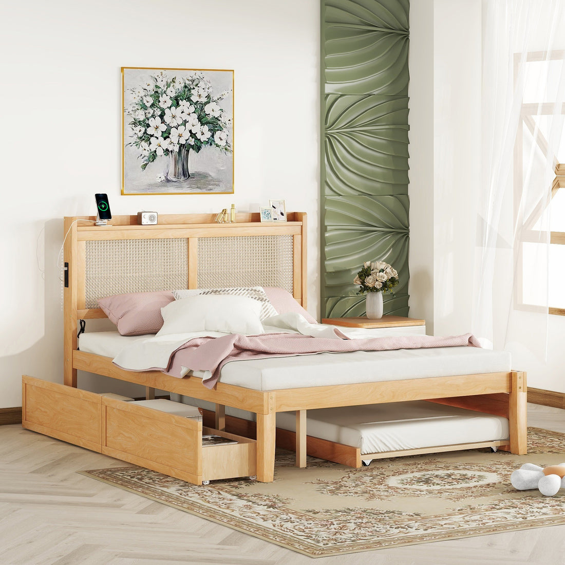 Queen Size Elegant Bed Frame With Rattan Headboard And Sockets ,Natural Twin Natural Rattan