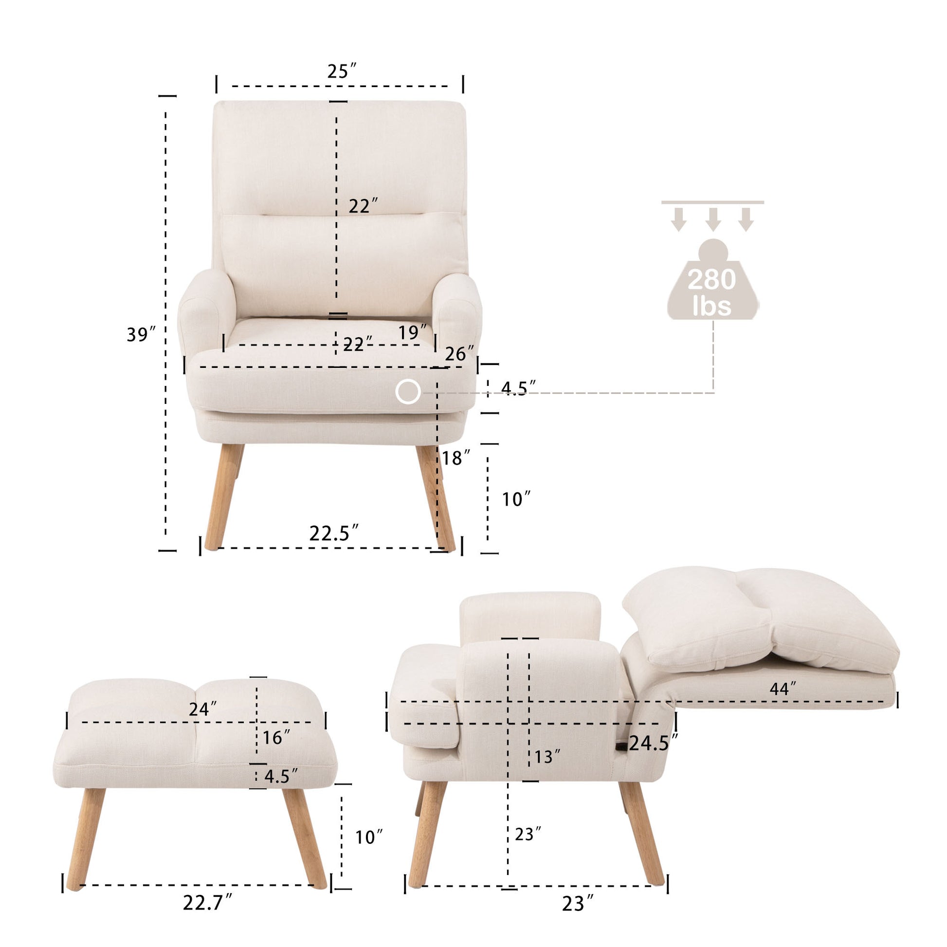 Accent Chair With Ottoman Set, Fabric Armchair With Wood Legs And Adjustable Backrestmid Century Modern Comfy Lounge Chair For Living Room, Bedroom, Reading Room And Study Beige Textile 1 Seat