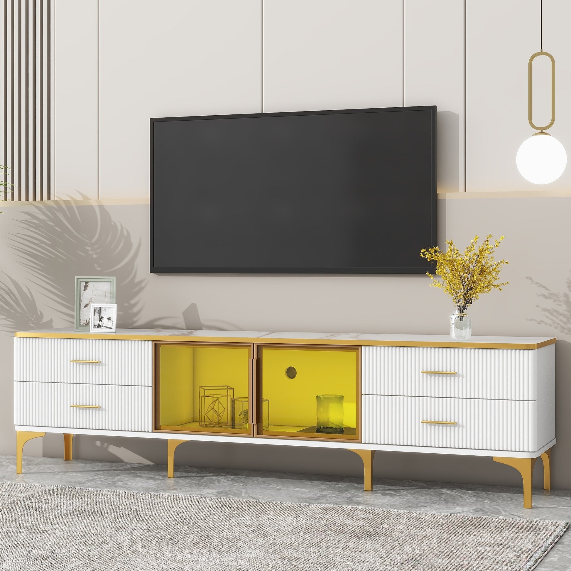 Stylish Led Tv Stand With Marble Veined Table Top For Tvs Up To 78'', Entertainment Center With Brown Glass Storage Cabinet, Golden Legs & Handles For Living Room, White Gold White Primary Living Space 70 79 Inches 70 79 Inches Particle Board