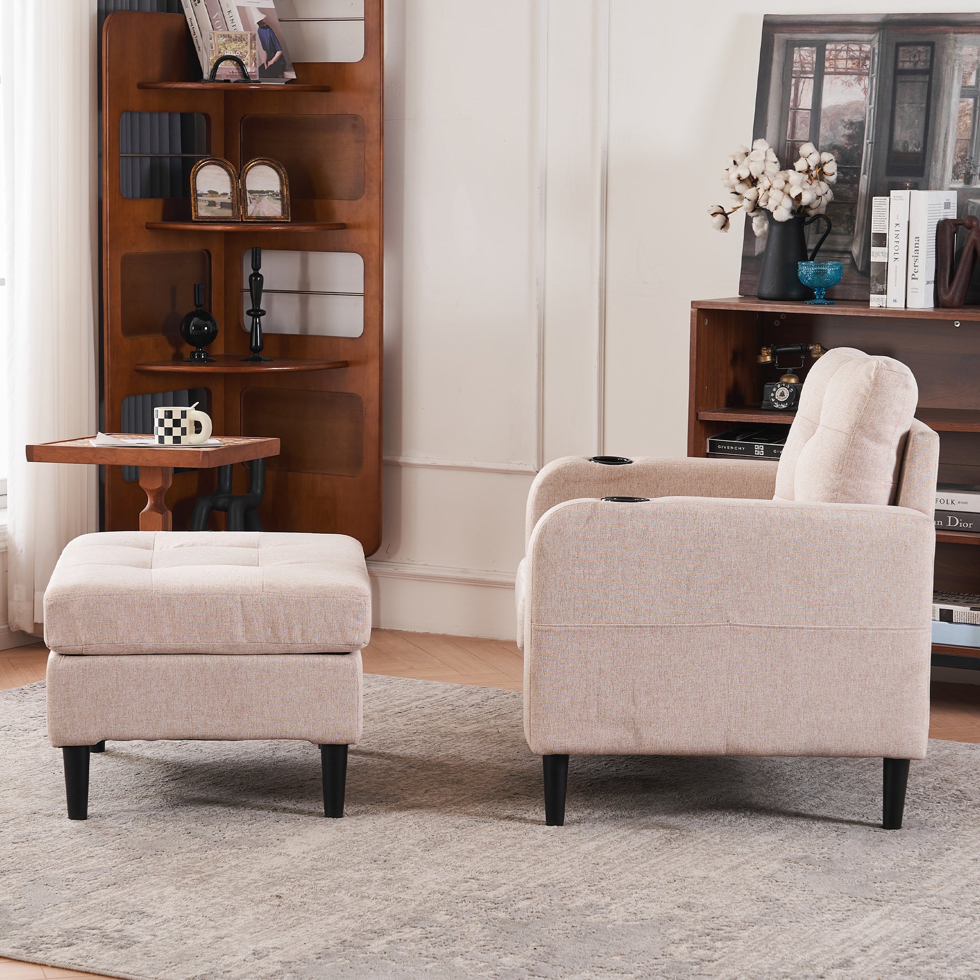 Beige Upholstered Armchair And Storage Ottoman Set Comfortable Single Sofa With Cup Holders And Tufted Detailing, Ideal For Living Room Or Bedroom Beige Metal