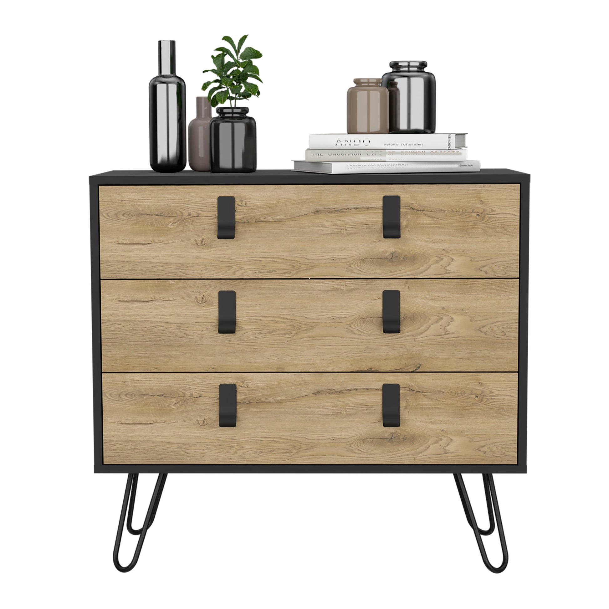 Dresser 29" H, 3 Drawer Organiser, Modern Chest Of Drawers With Hairpin Legs And Metal Accents, Black Macadamia Black Multi Particle Board Pine