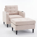 Beige Upholstered Armchair And Storage Ottoman Set Comfortable Single Sofa With Cup Holders And Tufted Detailing, Ideal For Living Room Or Bedroom Beige Metal