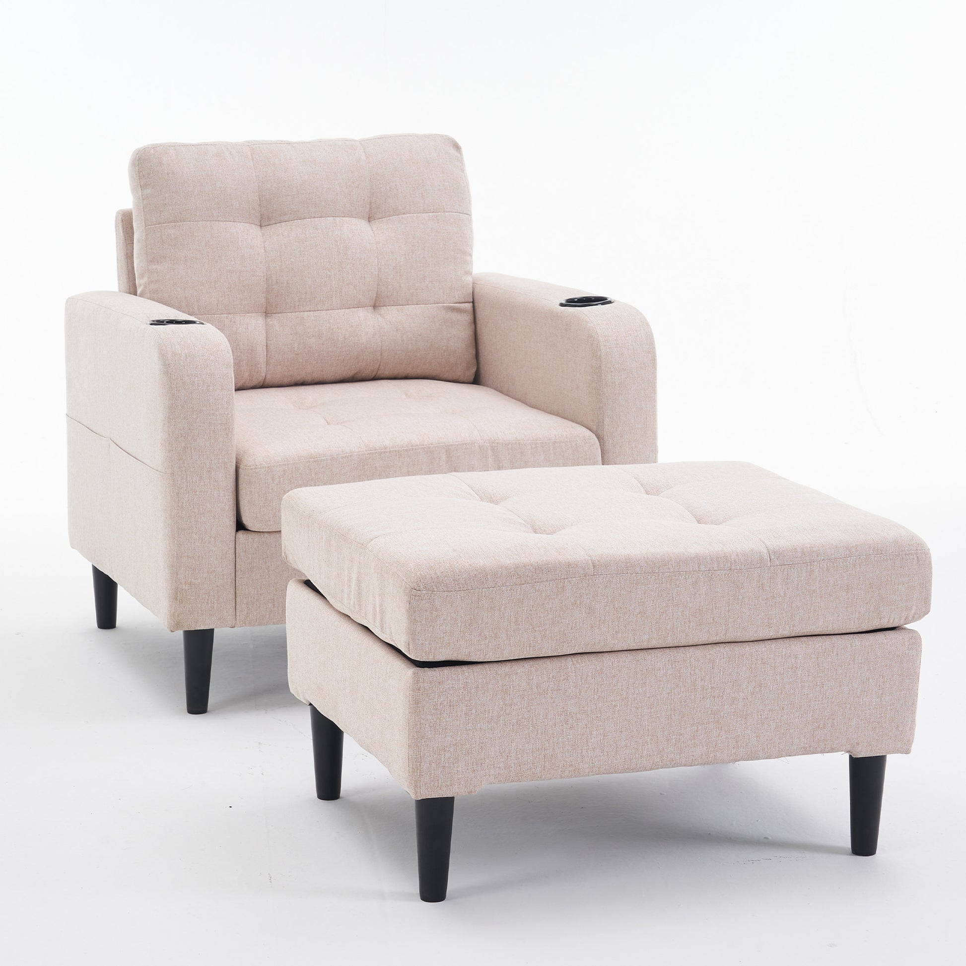 Beige Upholstered Armchair And Storage Ottoman Set Comfortable Single Sofa With Cup Holders And Tufted Detailing, Ideal For Living Room Or Bedroom Beige Metal