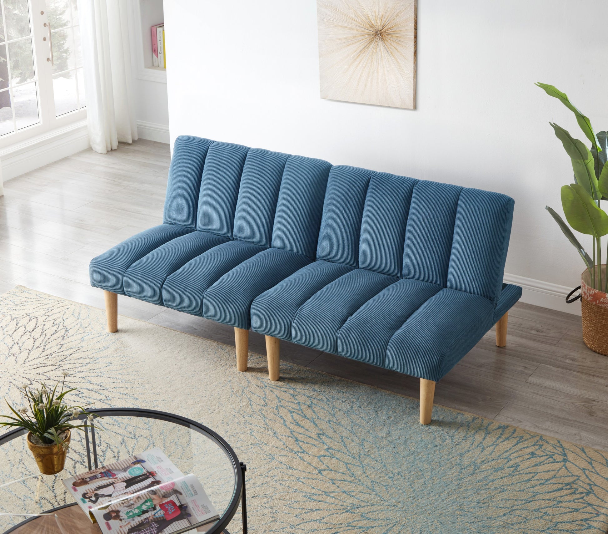 Corduroy Fabric, Wooden Legs Convertible Sofa Bed Color:Blue Blue Corduroy 3 Seat