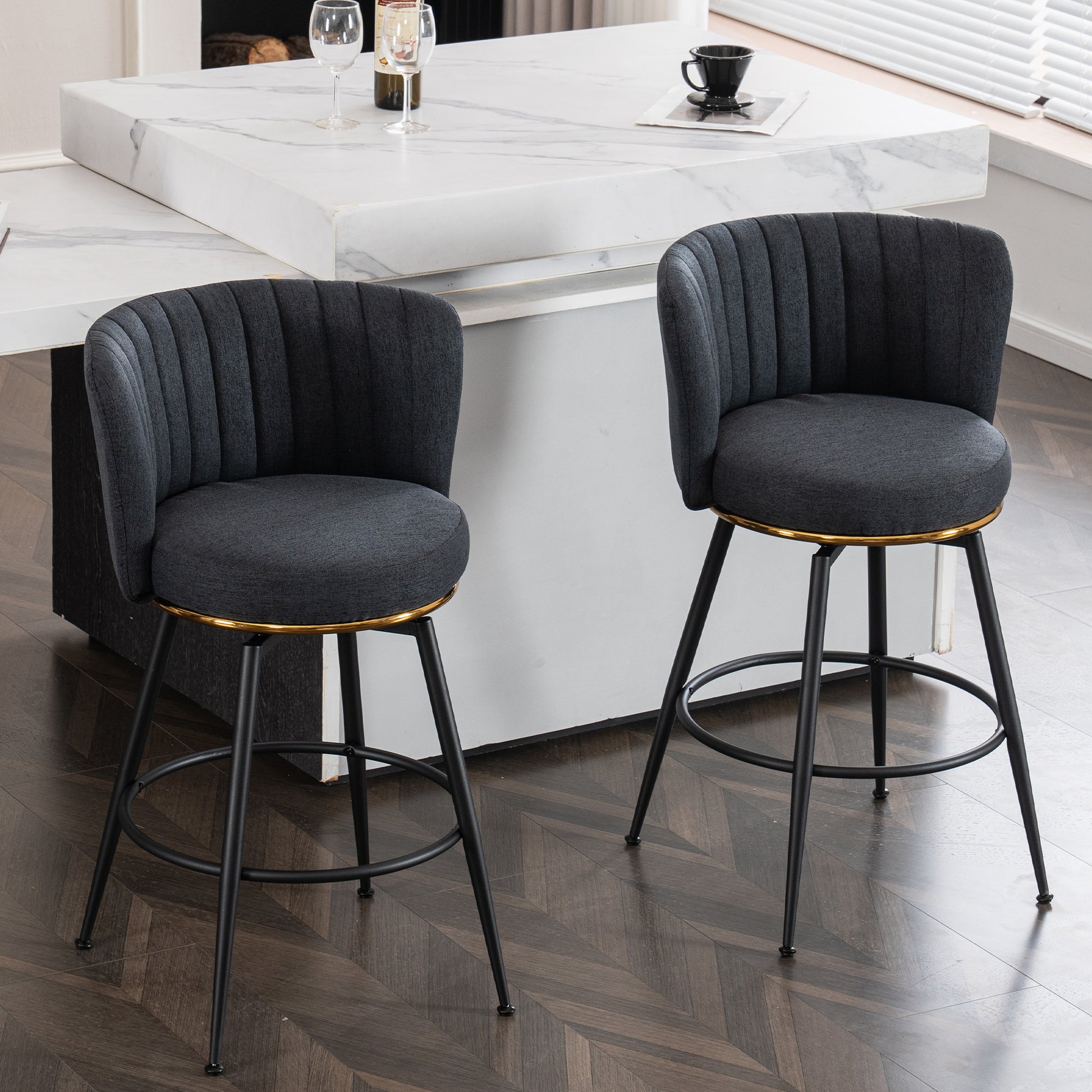 Set Of 2 Gray Swivel Bar Stools High Back, Adjustable, Upholstered With Elegant Metal Back Accents For Kitchen, Bar, Or Dining Room Dark Gray Metal