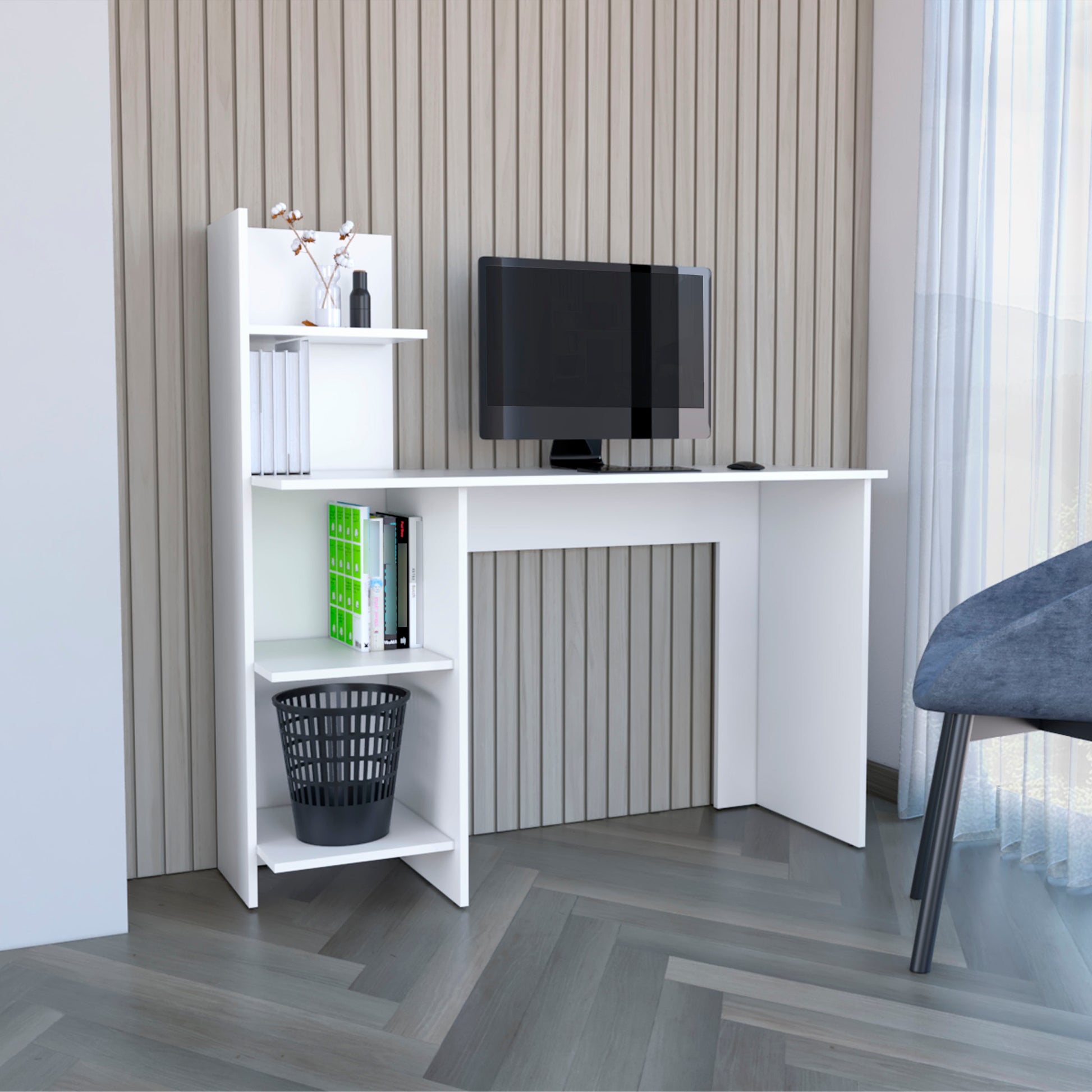 Writing Desk, Four Shelves, White White Particle Board Pine