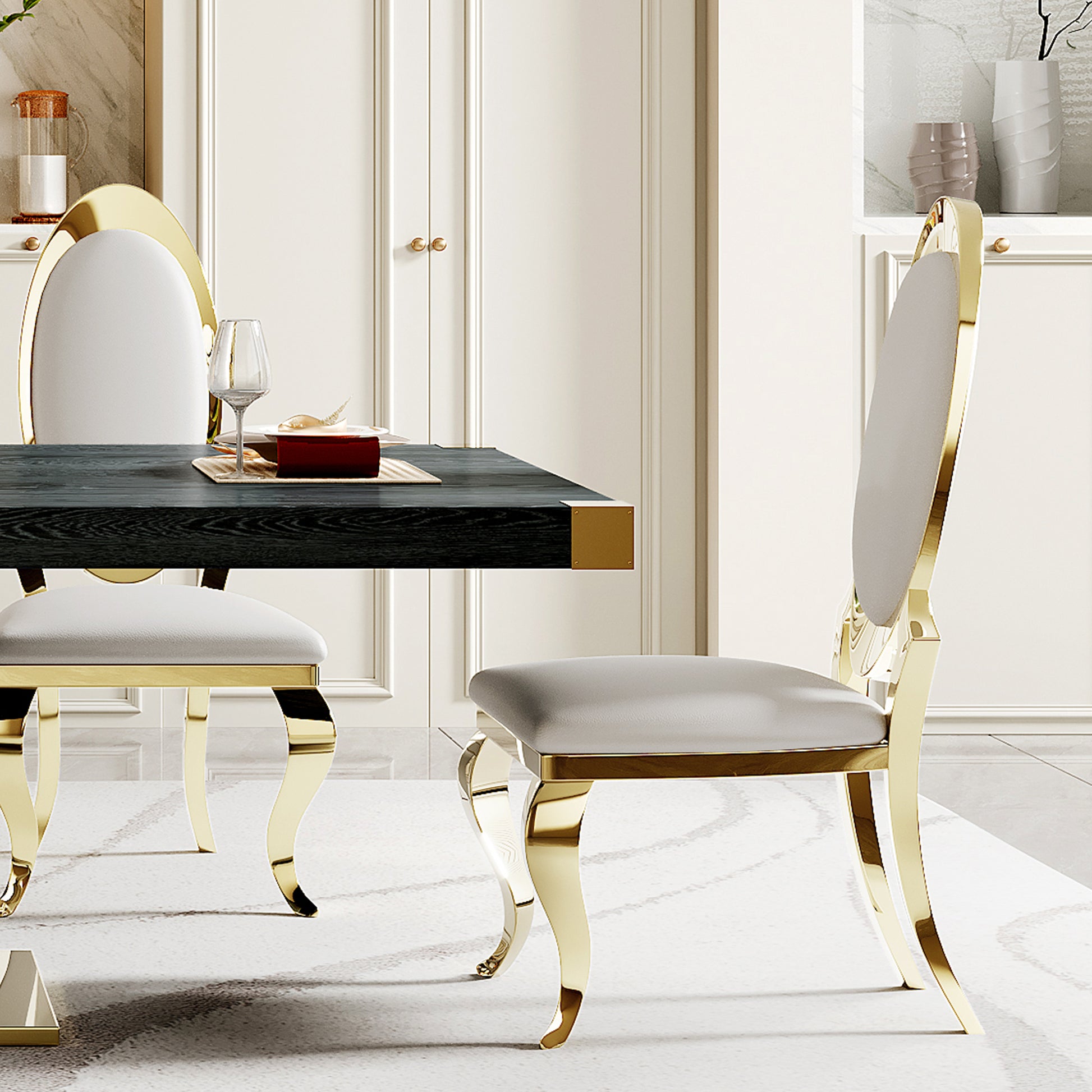 Mdf Top Dining Table With Gold Finish Corner, Mdf Pillar And Gold Finish Stainless Steel Base Black Mdf