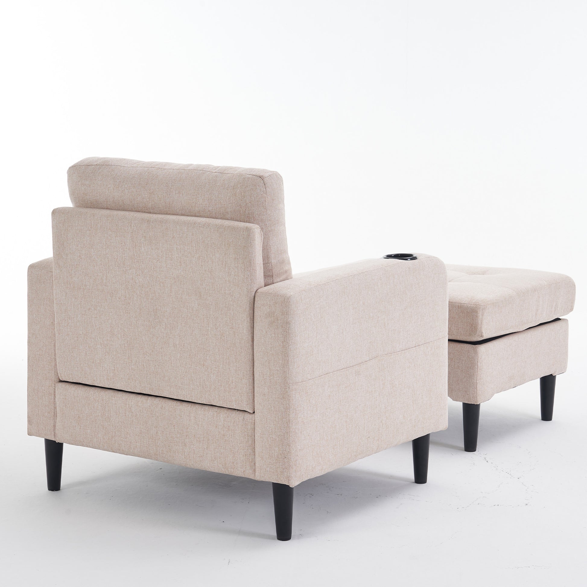 Beige Upholstered Armchair And Storage Ottoman Set Comfortable Single Sofa With Cup Holders And Tufted Detailing, Ideal For Living Room Or Bedroom Beige Metal