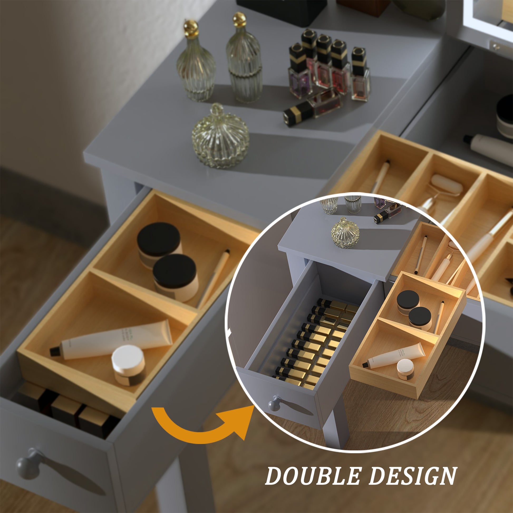Sleek Grey Vanity Table With Led Lights, Flip Top Mirror And 2 Drawers, Jewelry Storage For Women Dressing Grey 2 Drawers Mdf Sleek Grey Vanity Table With Led Lights, Flip Top Mirror And 2 Drawers, Jewelry Storage For Women Dressing Grey 2 Drawers Mdf