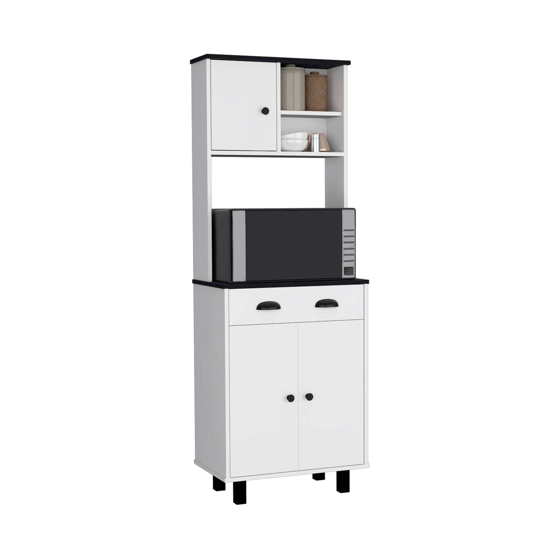 Depot E Shop Waco 67" H Kitchen Pantry With Two Cabinets, Two Open Shelves, And One Drawer,White Black White Black Primary Living Space Modern Particle Board Pine