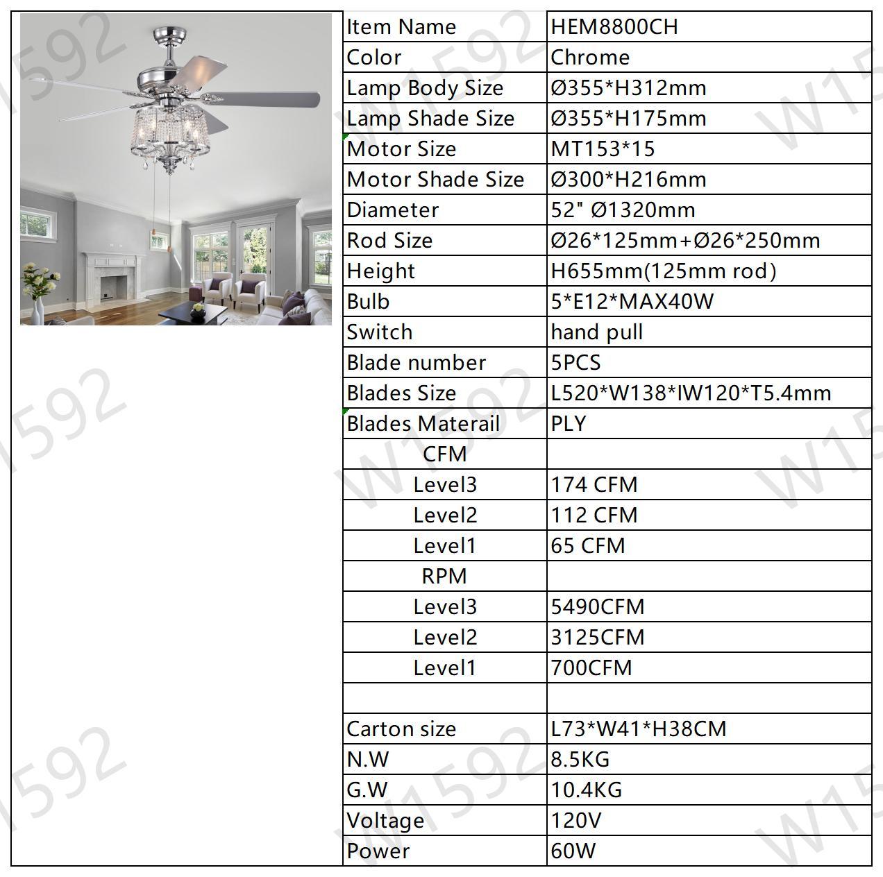 52 Inch Crystal Ceiling Fan , Modern Electrical Fan chrome-contemporary-modern-crystal-metal