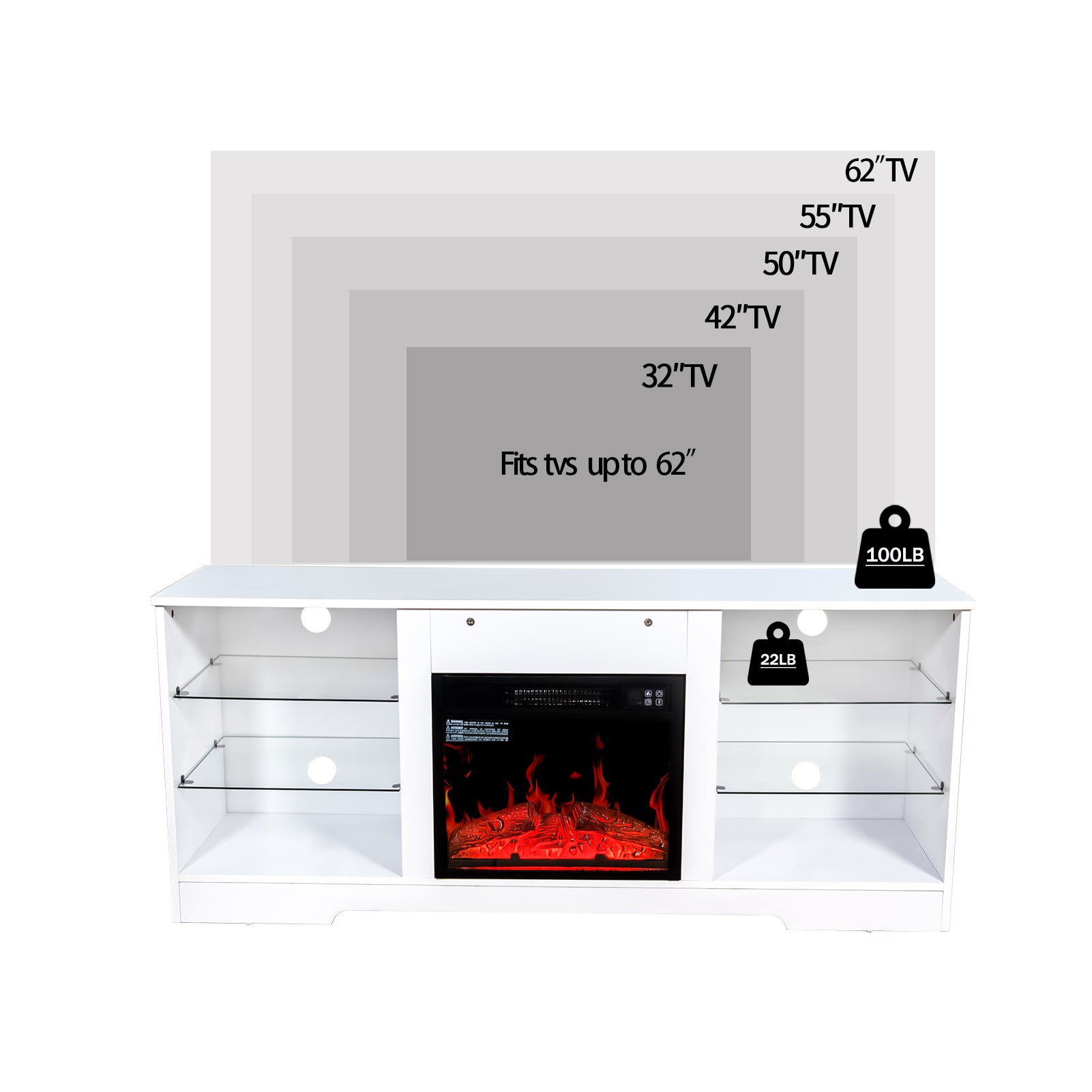 Fireplace Tv Stand With 18 Inch Electric Fireplace Heater,Modern Entertainment Center For Tvs Up To 62 Inch With Adjustable Glass Shelves And Storage Cabinets White White Mdf