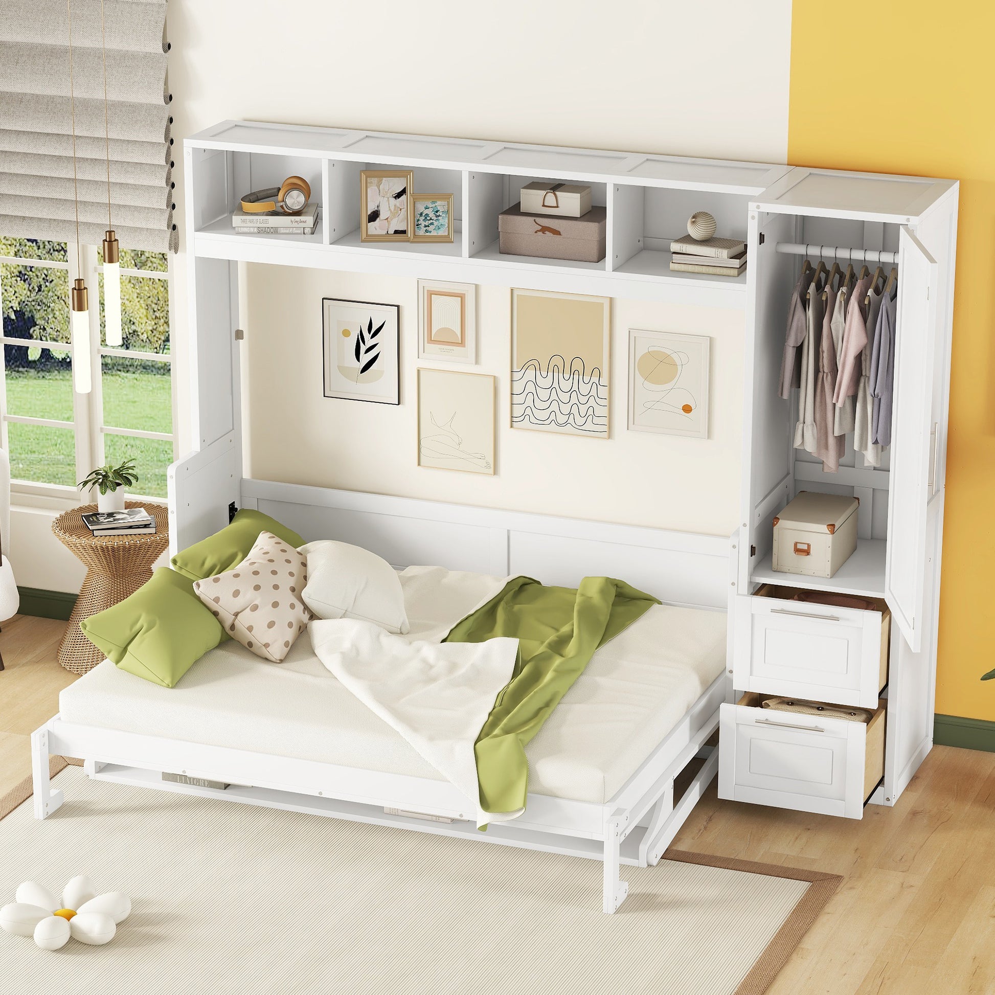 Queen Size Murphy Bed Wall Bed With Closet And Drawers,White Queen White Mdf Lvl