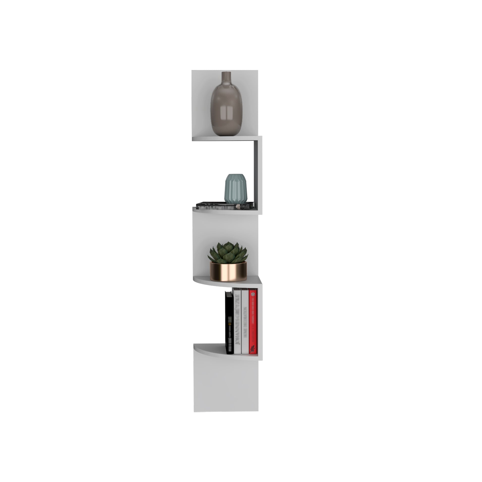 Roy Corner Floating Shelf, Modern 4 Tier Display, White White Particle Board Pine