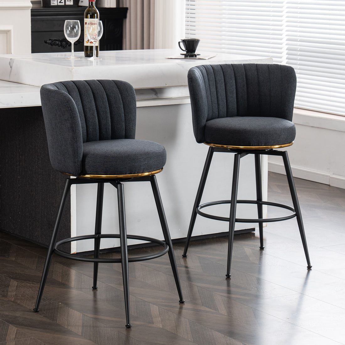 Set Of 2 Gray Swivel Bar Stools High Back, Adjustable, Upholstered With Elegant Metal Back Accents For Kitchen, Bar, Or Dining Room Dark Gray Metal